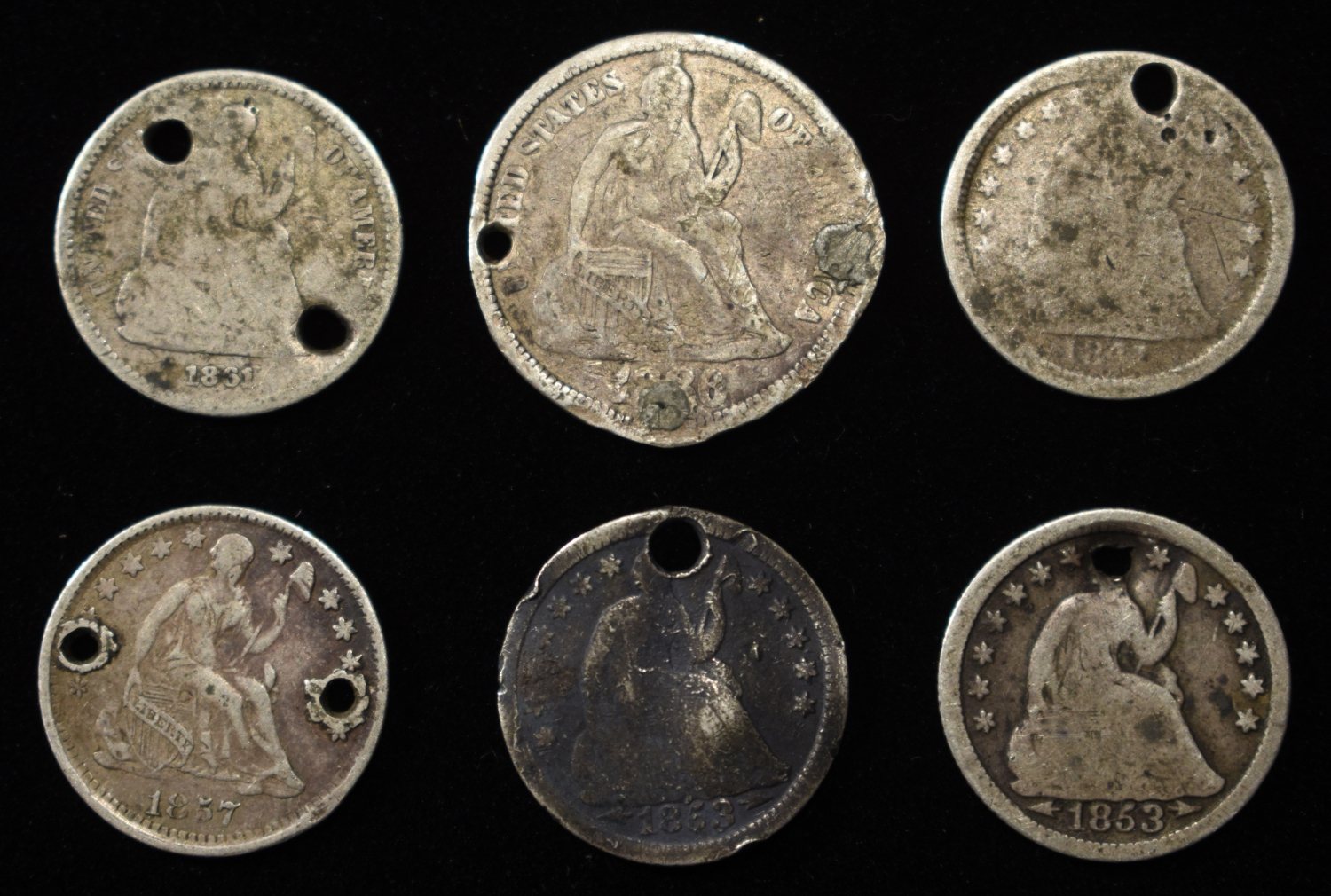 (5) SEATED LIBERTY HALF DIMES, (1) DIME DAMAGED