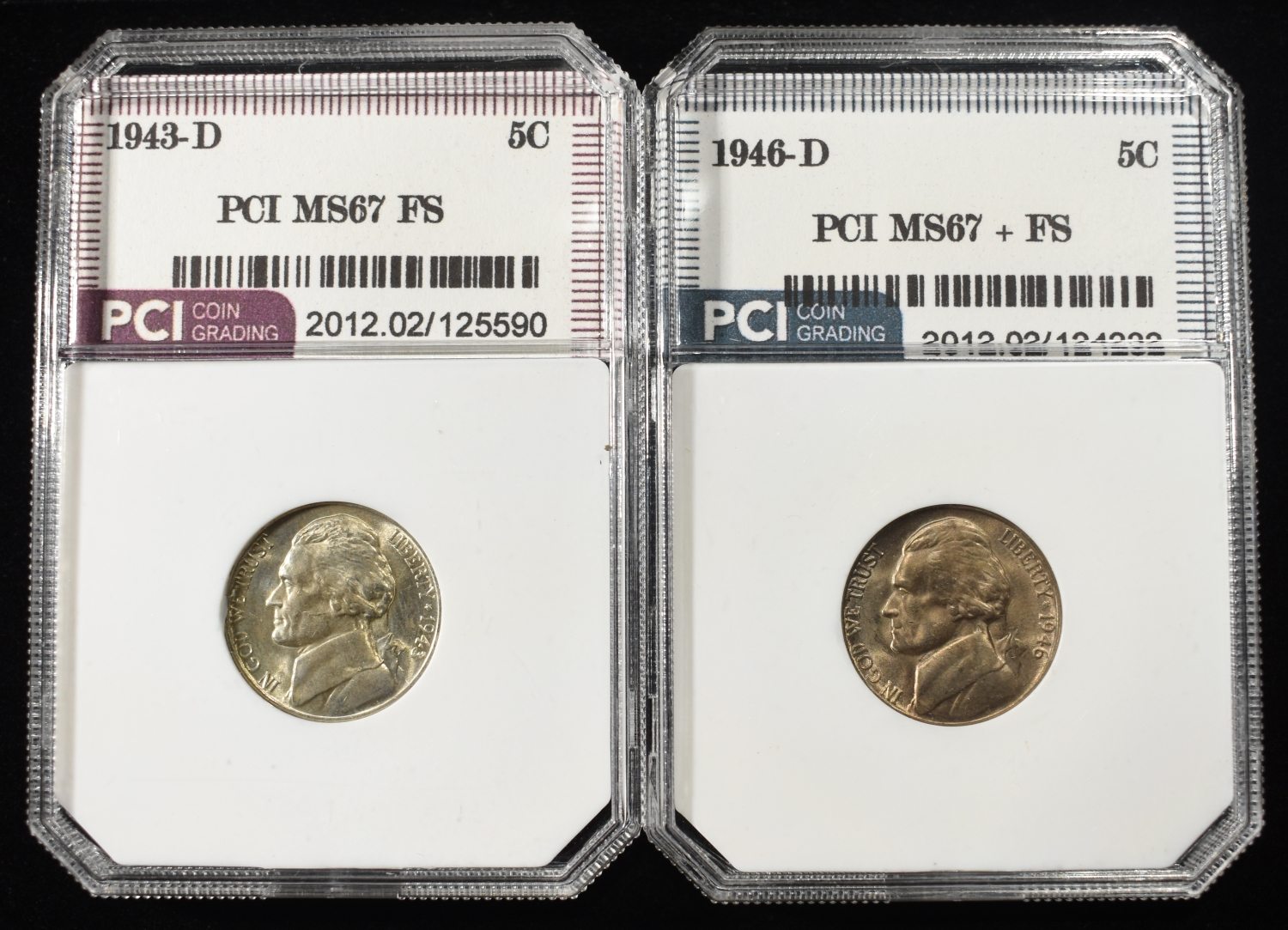 1943-D, 1946-D JEFFERSON 5C PCI SUPERB GEM BU FS