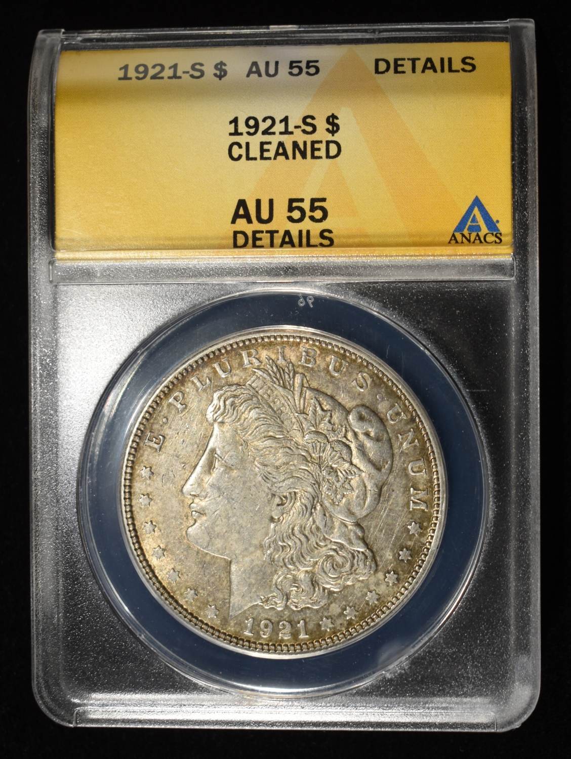 1921-S MORGAN DOLLAR AU 55 DETAILS CLEANED ANACS