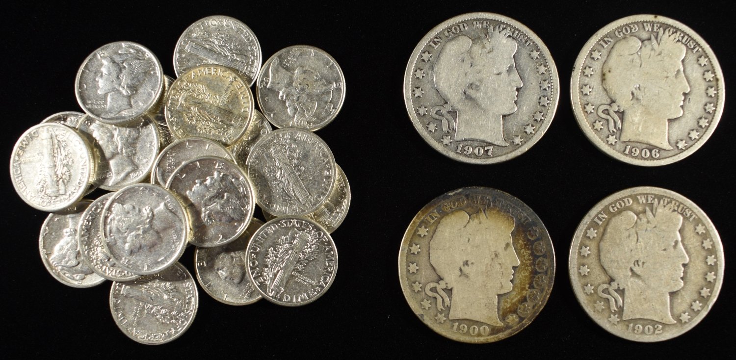 (20) MERCURY DIMES, (4) BARBER HALVES 90% SILVER