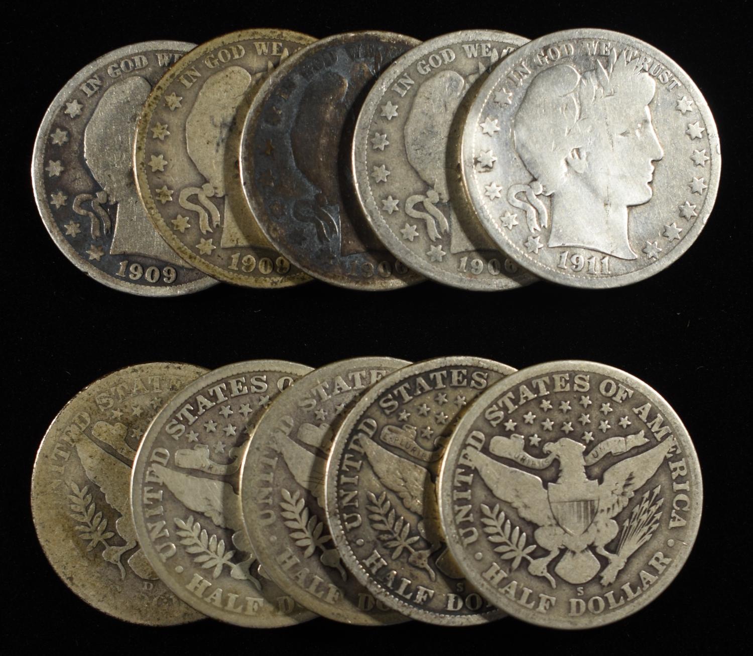 (10) BARBER HALF DOLLARS 90% SILVER