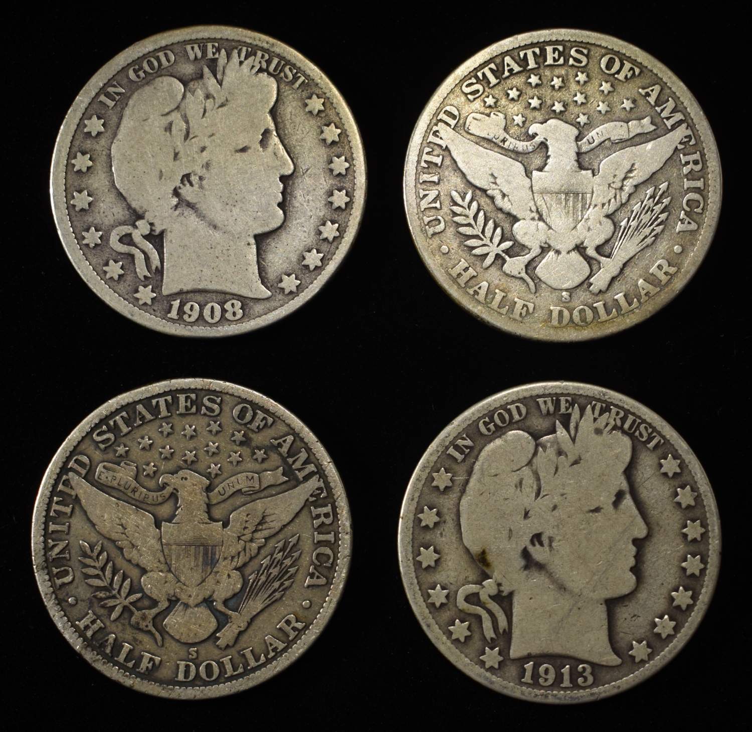 (10) BARBER HALF DOLLARS 90% SILVER