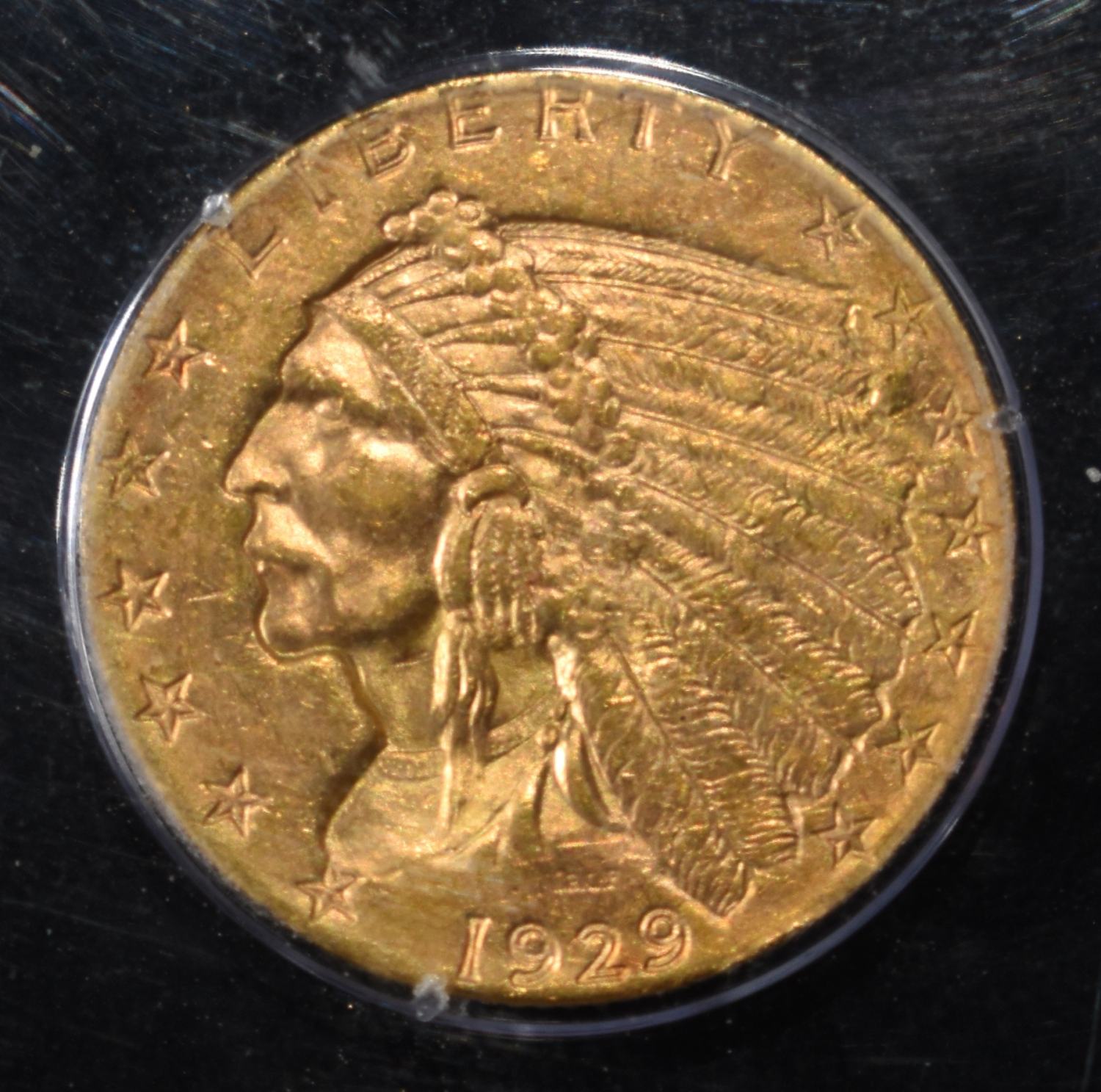 1929 $2.5 GOLD INDIAN PCGS MS-61 RATTLER HOLDER