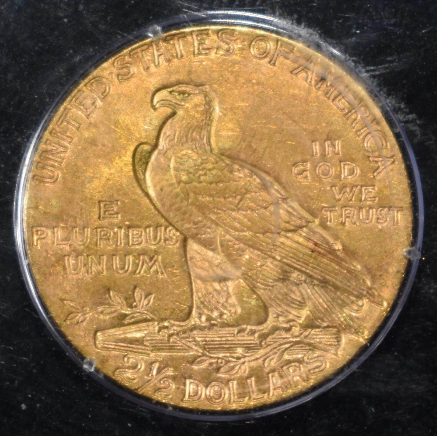 1929 $2.5 GOLD INDIAN PCGS MS-61 RATTLER HOLDER