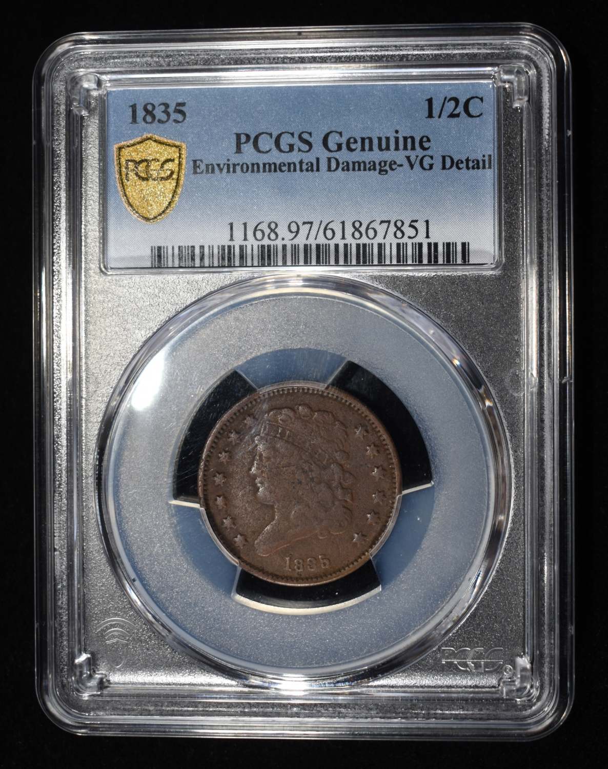 1835 CLASSIC HEAD HALF CENT PCGS GENUINE