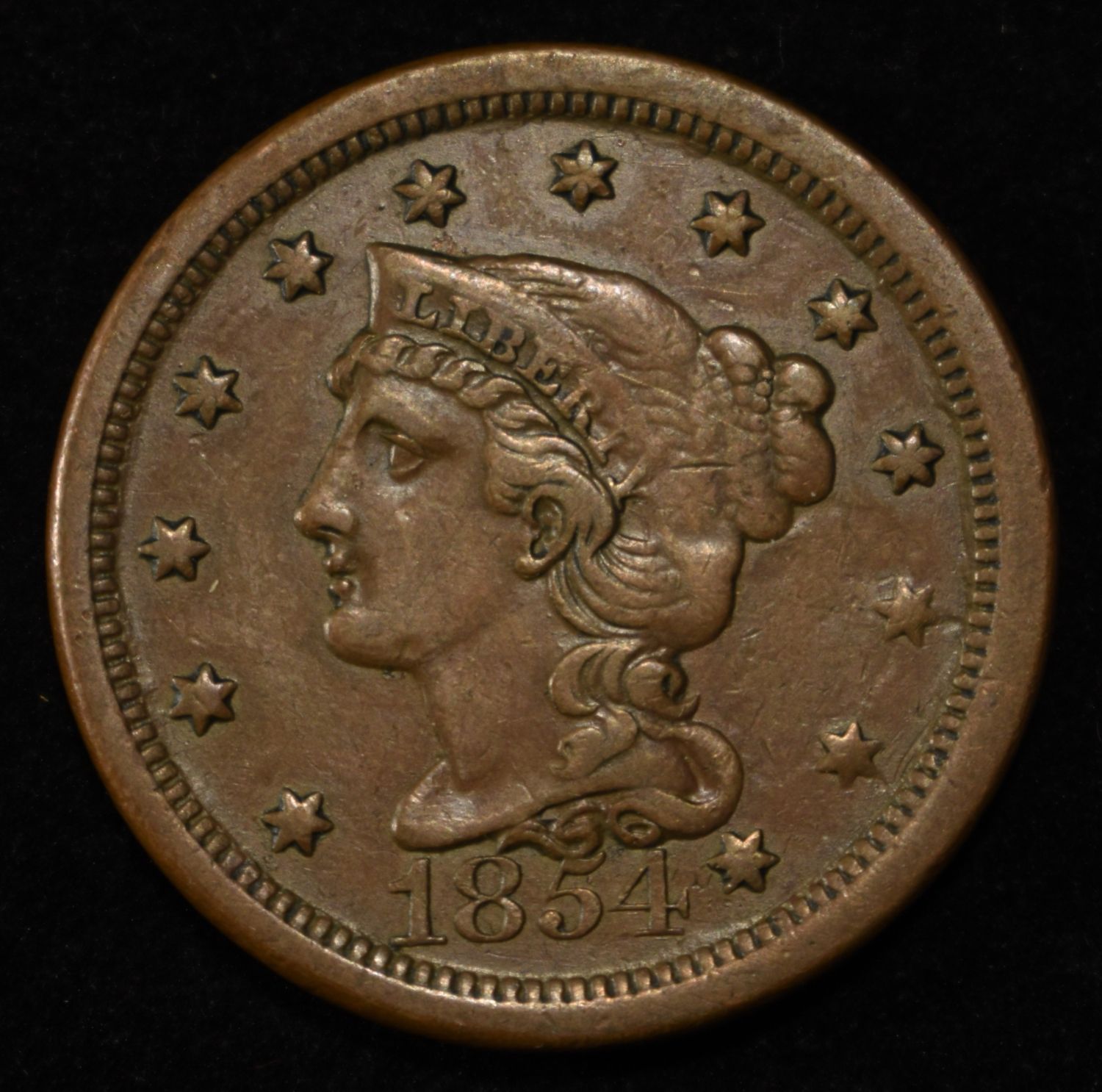 1854 LARGE CENT XF