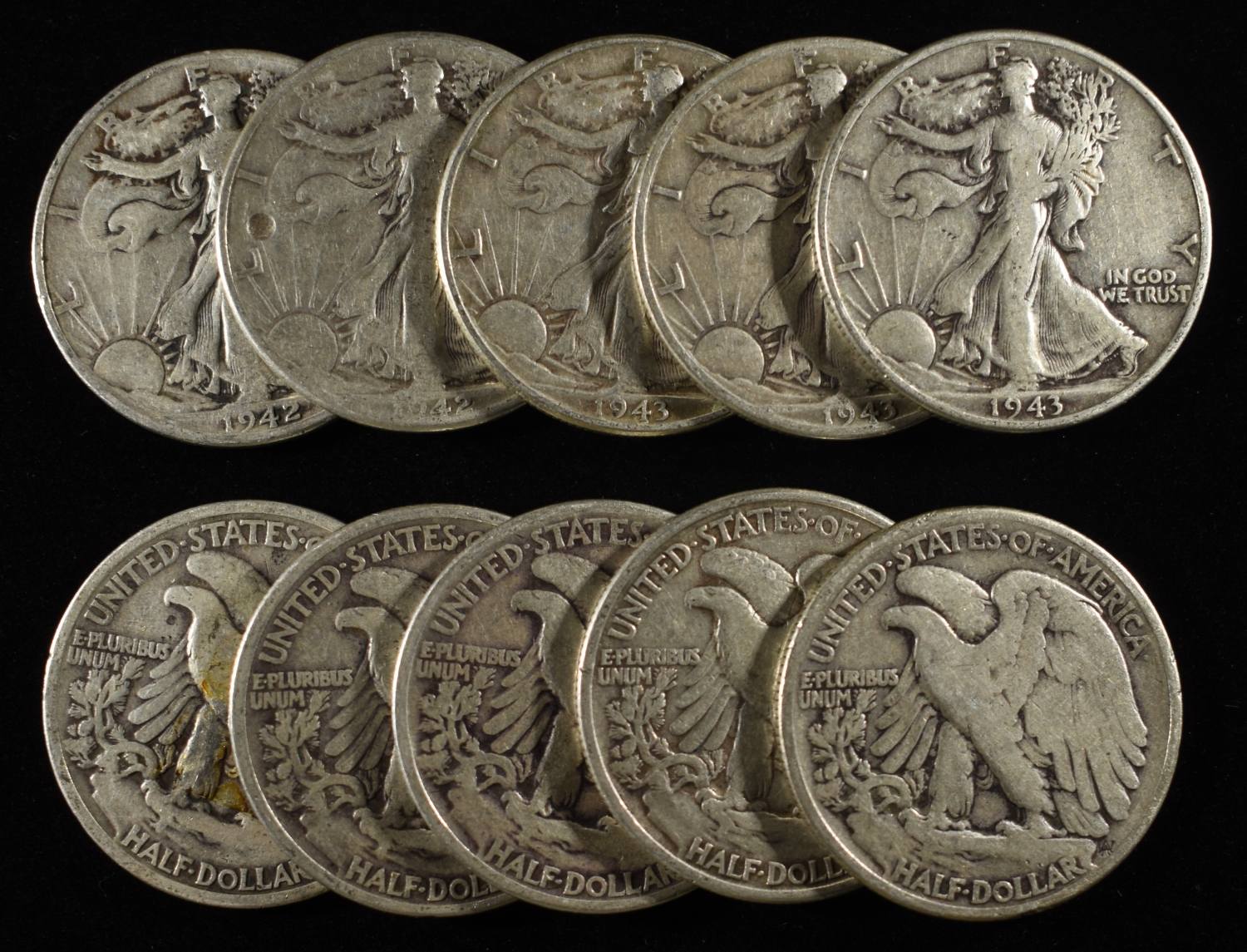 (10) WALKING LIBERTY HALF DOLLARS