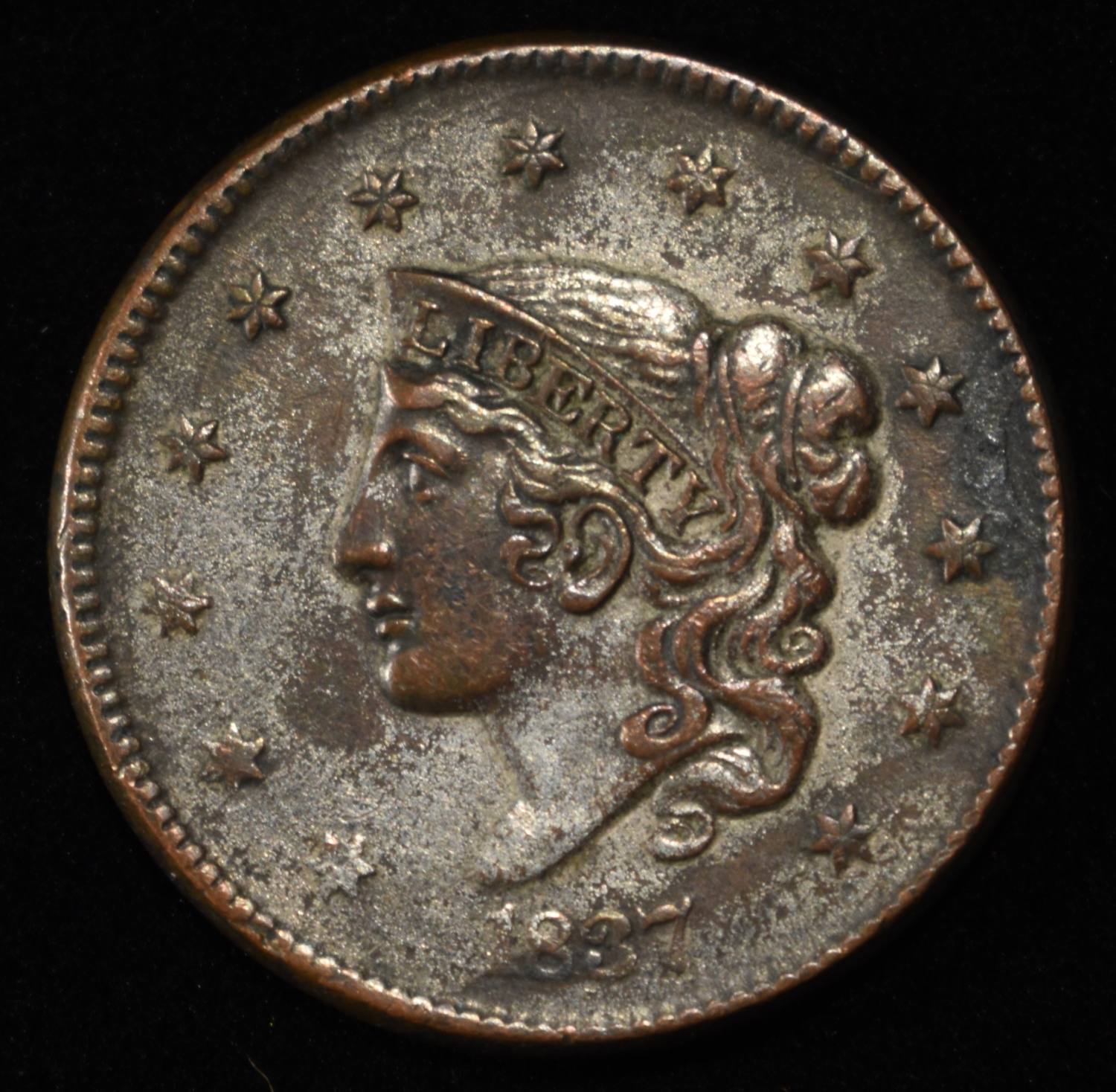 1837 CORONET HEAD LARGE CENT CH BU