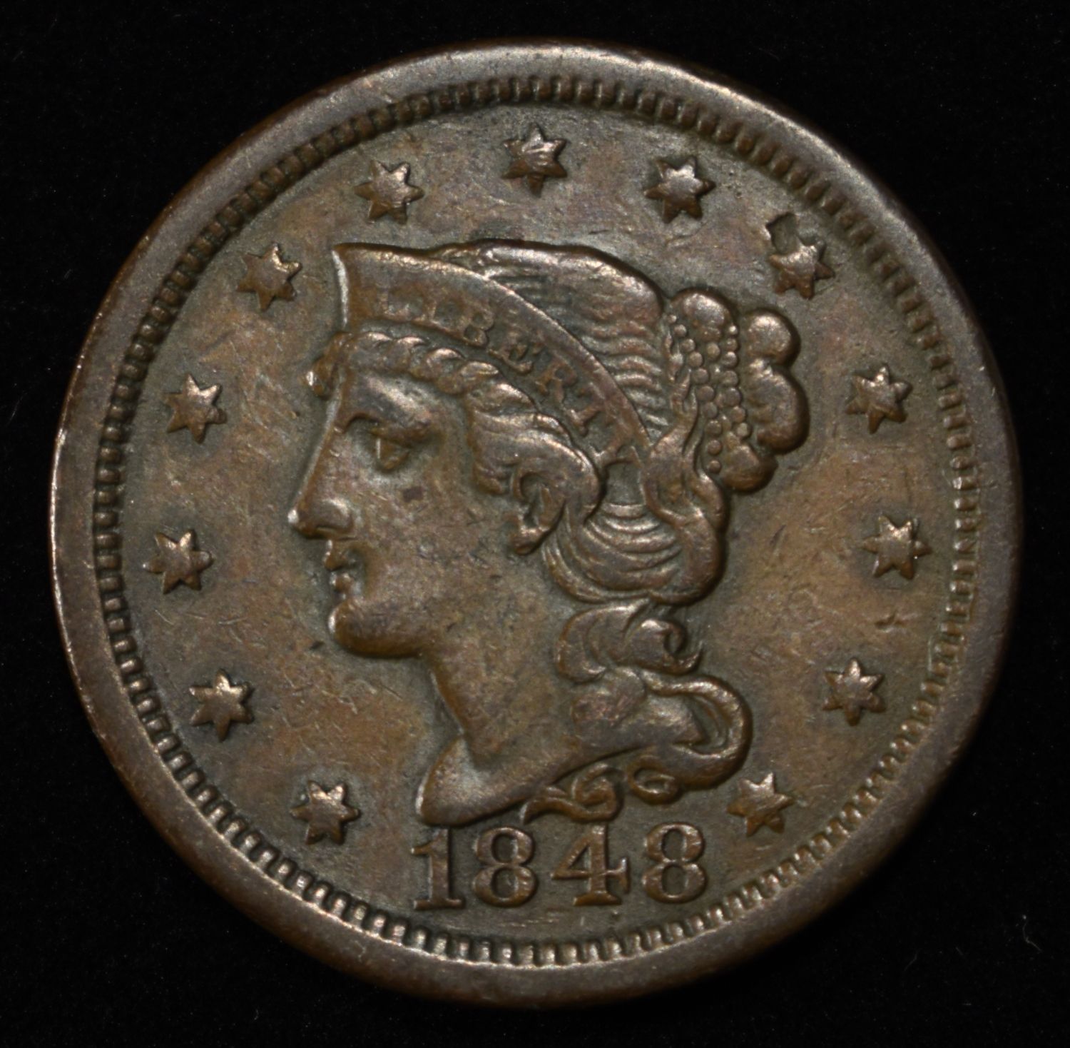 1848 BRAIDED HAIR LARGE CENT AU