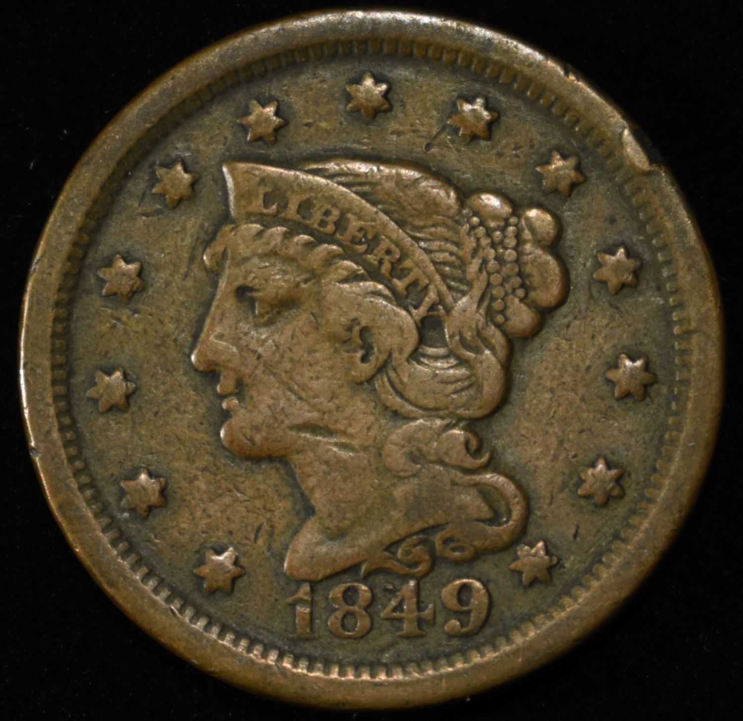 1849 BRAIDED HAIR LARGE CENT XF