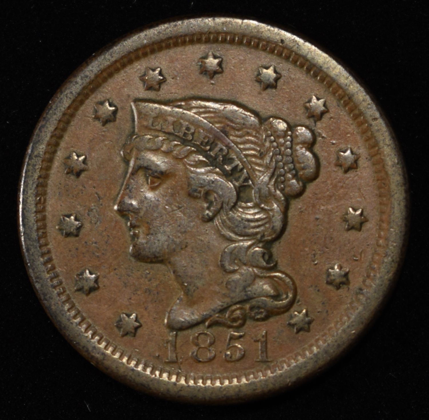1851 BRAIDED HAIR LARGE CENT AU