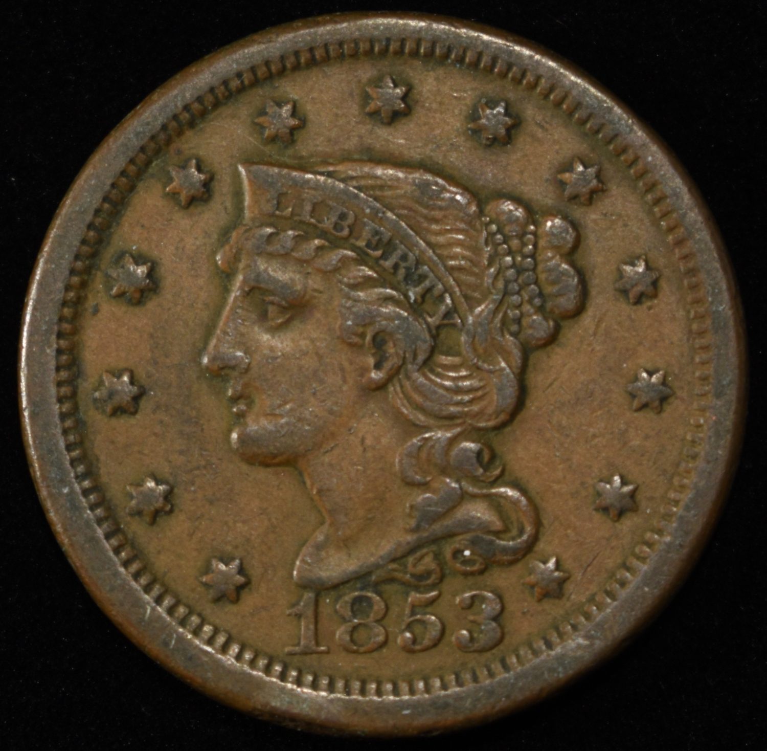 1853 BRAIDED HAIR LARGE CENT AU