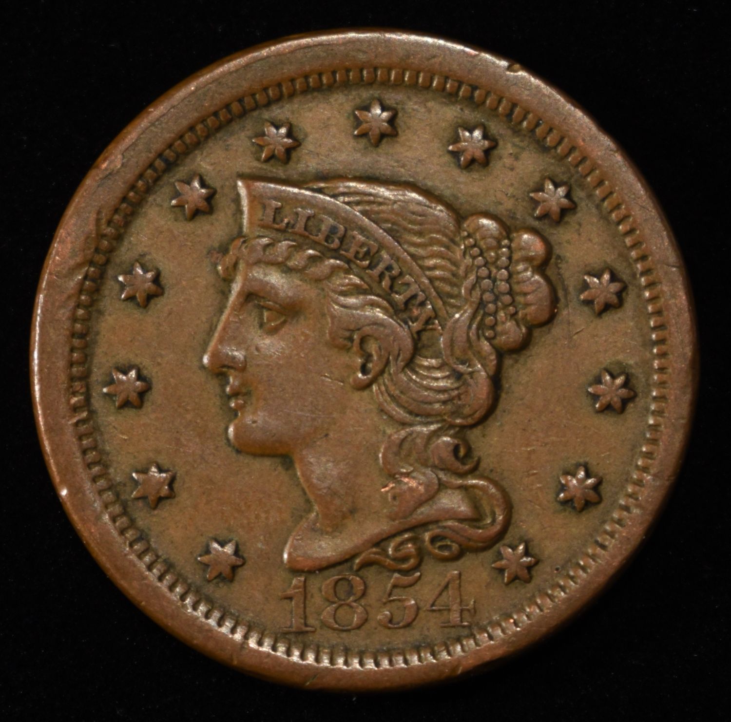 1854 BRAIDED HAIR LARGE CENT AU/BU