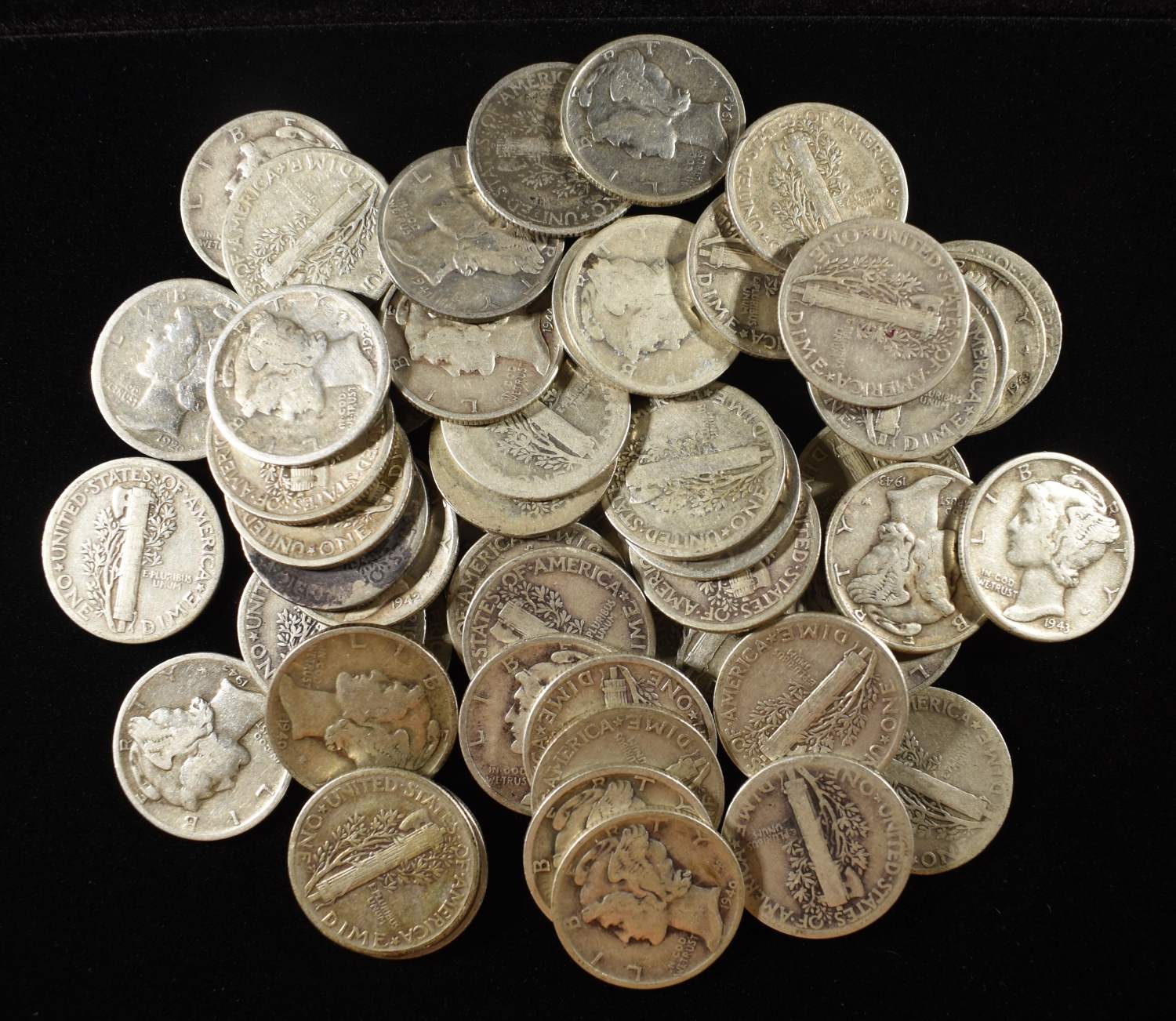 (50) MERCURY DIMES 90% SILVER