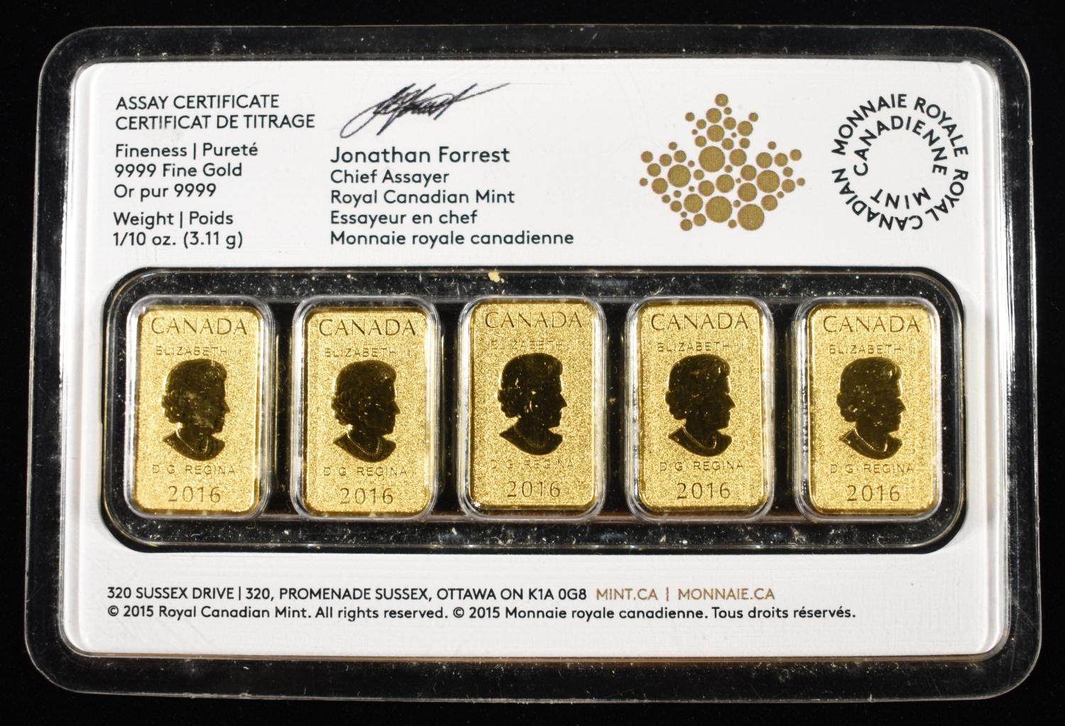 (5) 2016 $25 GOLD CANADA 1/10TH OZ
