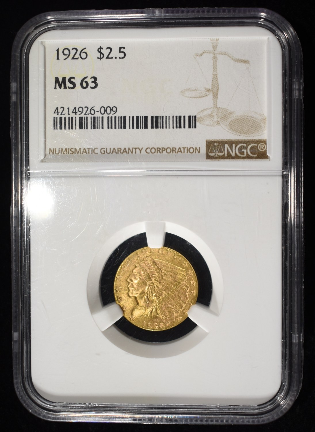 1926 $2.5 GOLD INDIAN NGC MS-63