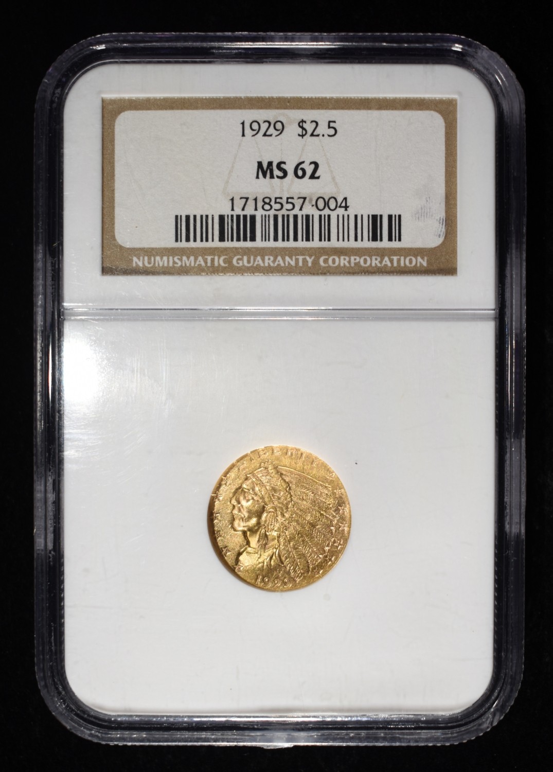 1929 $2.5 GOLD INDIAN NGC MS-62
