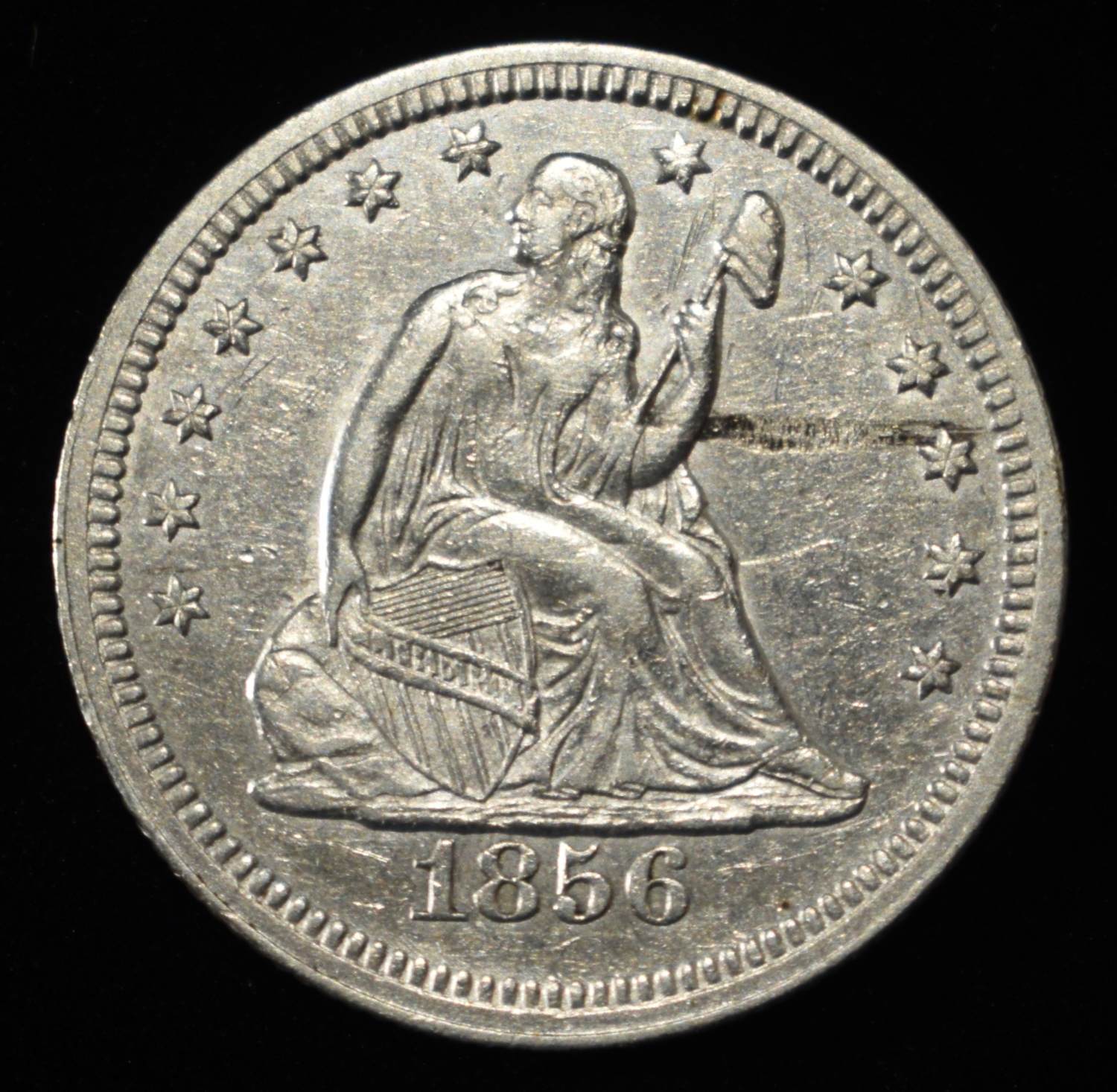 1856 LIBERTY SEATED QUARTER CLEANED XF
