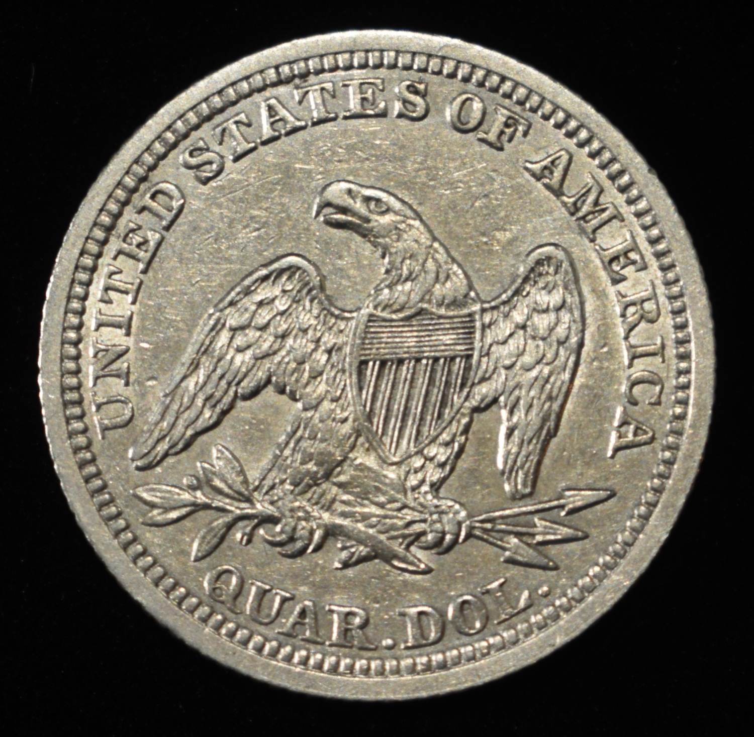 1856 LIBERTY SEATED QUARTER CLEANED XF