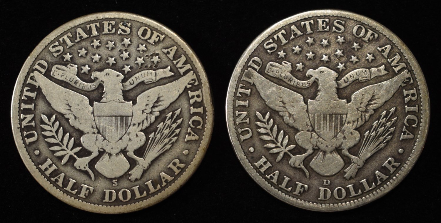 1913-D,S BARBER HALF DOLLARS VG