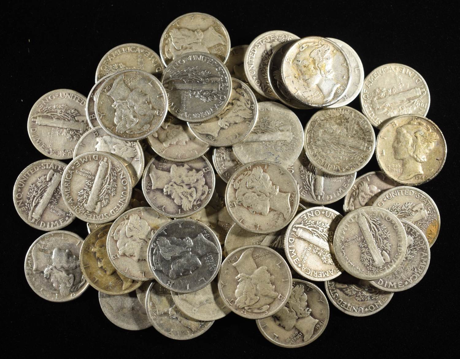 (50) MERCURY DIMES 90% SILVER