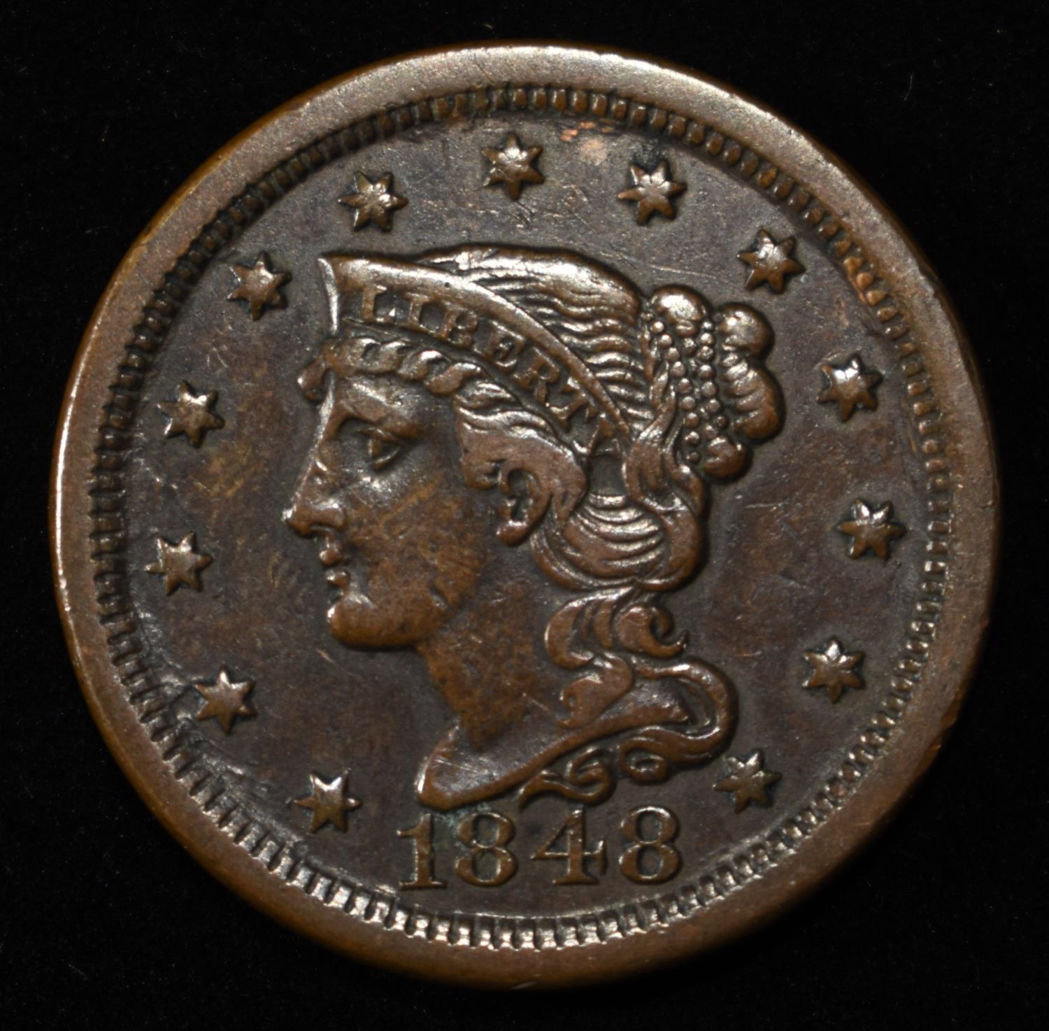 1848 BRAIDED HAIR LARGE CENT AU/BU