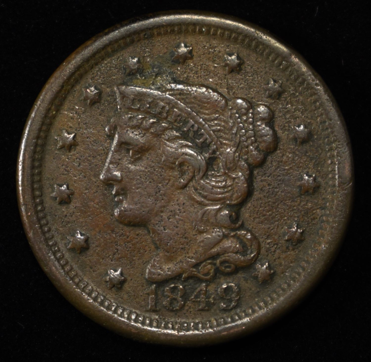 1849 BRAIDED HAIR LARGE CENT XF