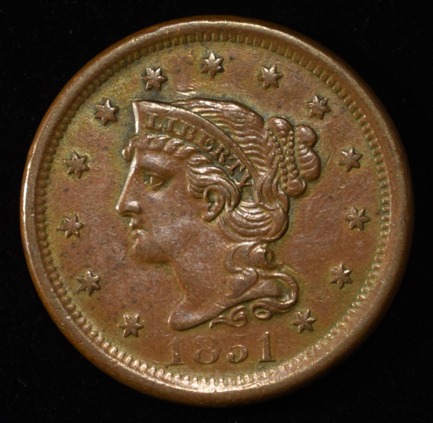 1851 BRAIDED HAIR LARGE CENT GEM BU