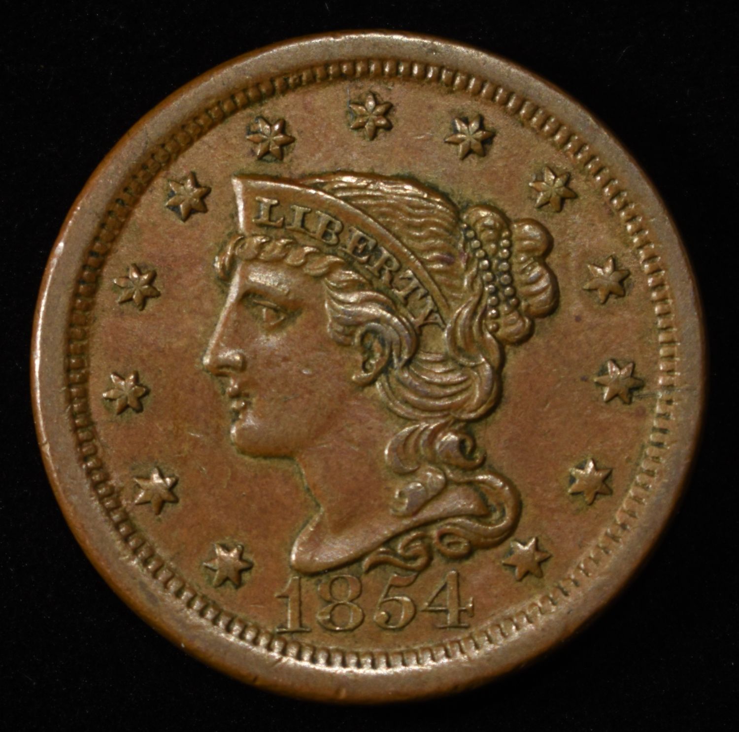 1854 BRAIDED HAIR LARGE CENT GEM BU