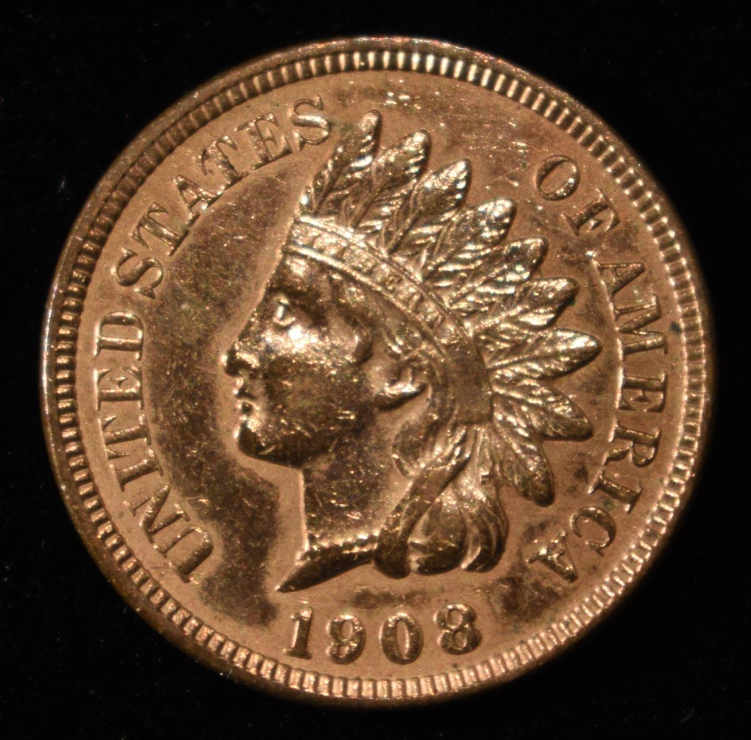 1908 INDIAN HEAD CENT GEM BU RD