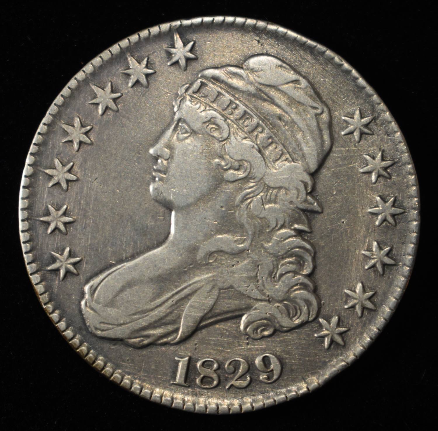 1829 CAPPED BUST 50C XF LIGHT OLD CLEANING