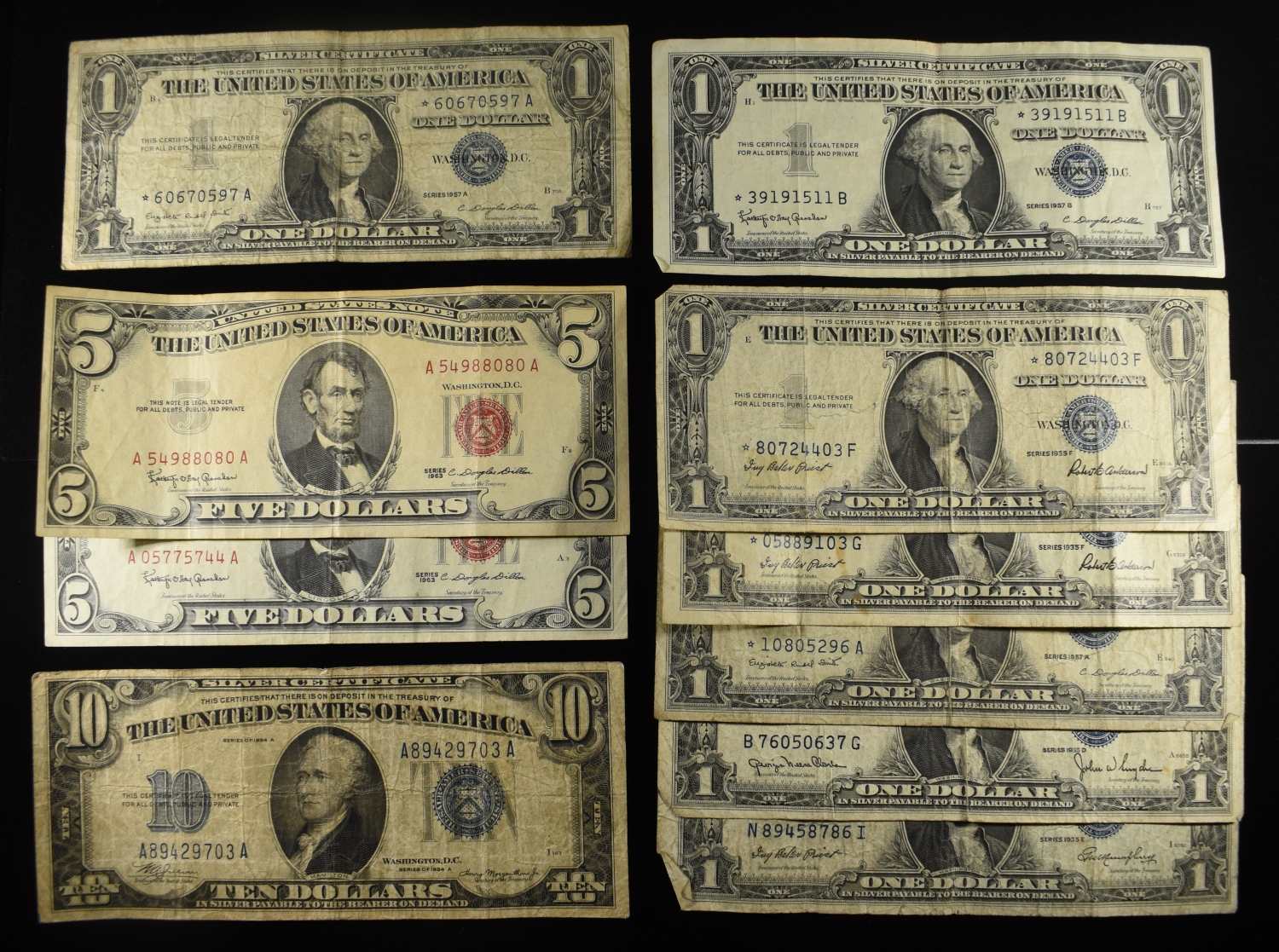 $10, (7) $1 SILVER CERTS & (2) $5 RED SEAL NOTES
