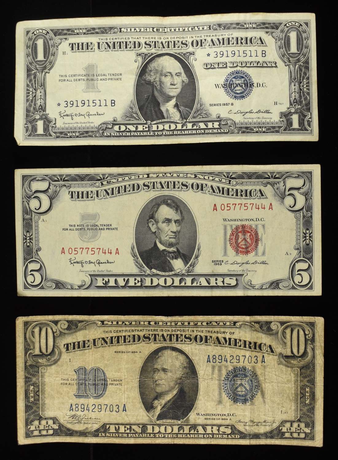 $10, (7) $1 SILVER CERTS & (2) $5 RED SEAL NOTES
