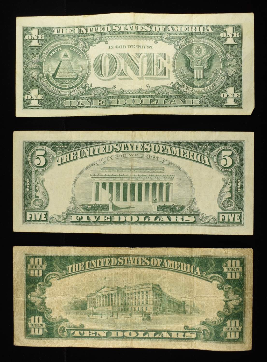 $10, (7) $1 SILVER CERTS & (2) $5 RED SEAL NOTES