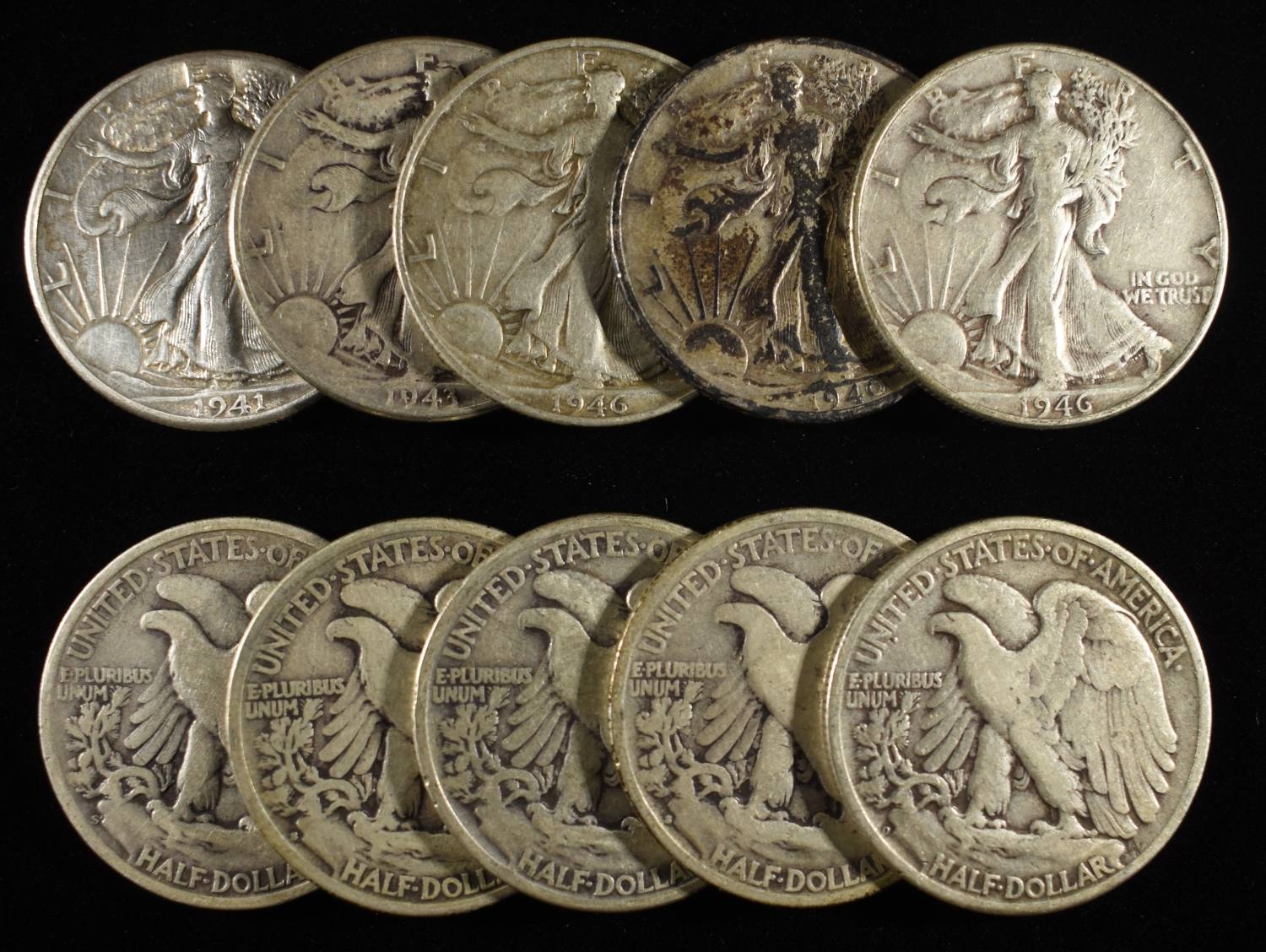 (10) 90% SILVER WALKING LIBERTY HALF DOLLARS