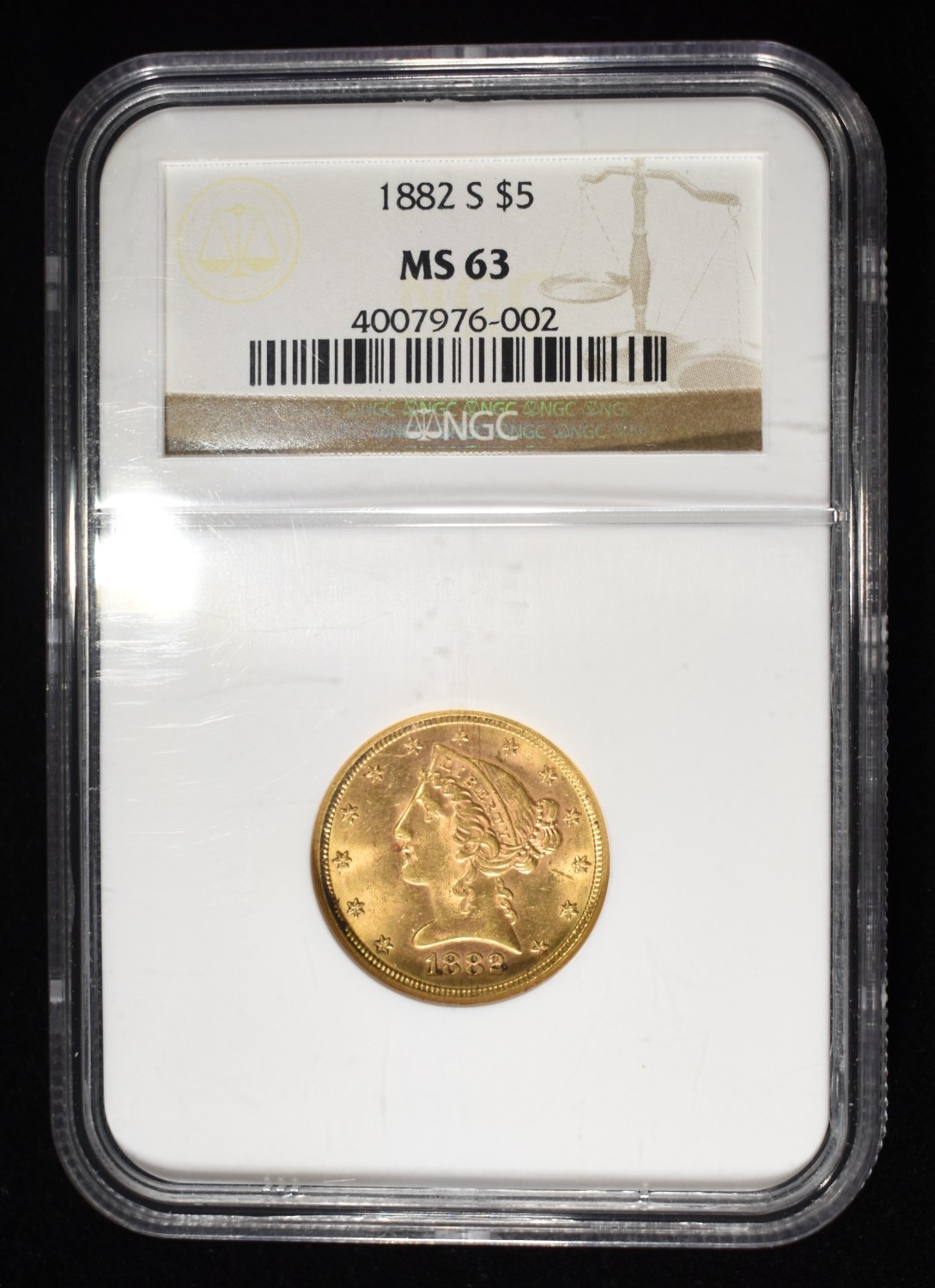 1882-S $5 GOLD LIBERTY NGC MS-63