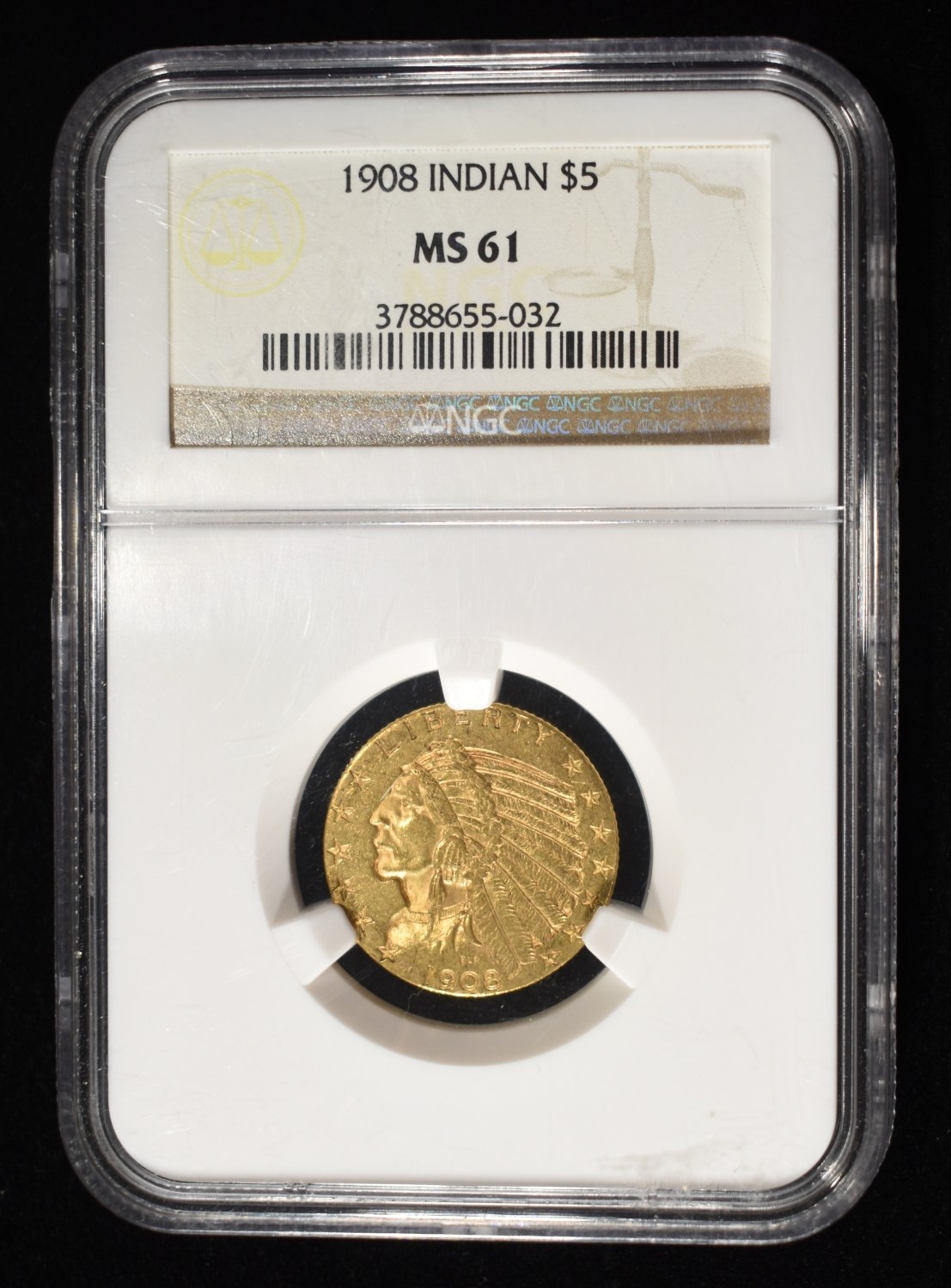 1908 $5 GOLD INDIAN NGC MS-61