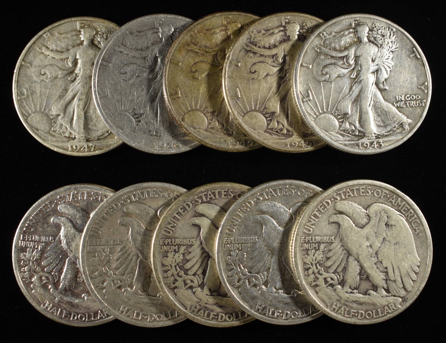 (10) 90% SILVER WALKING LIBERTY HALF DOLLARS
