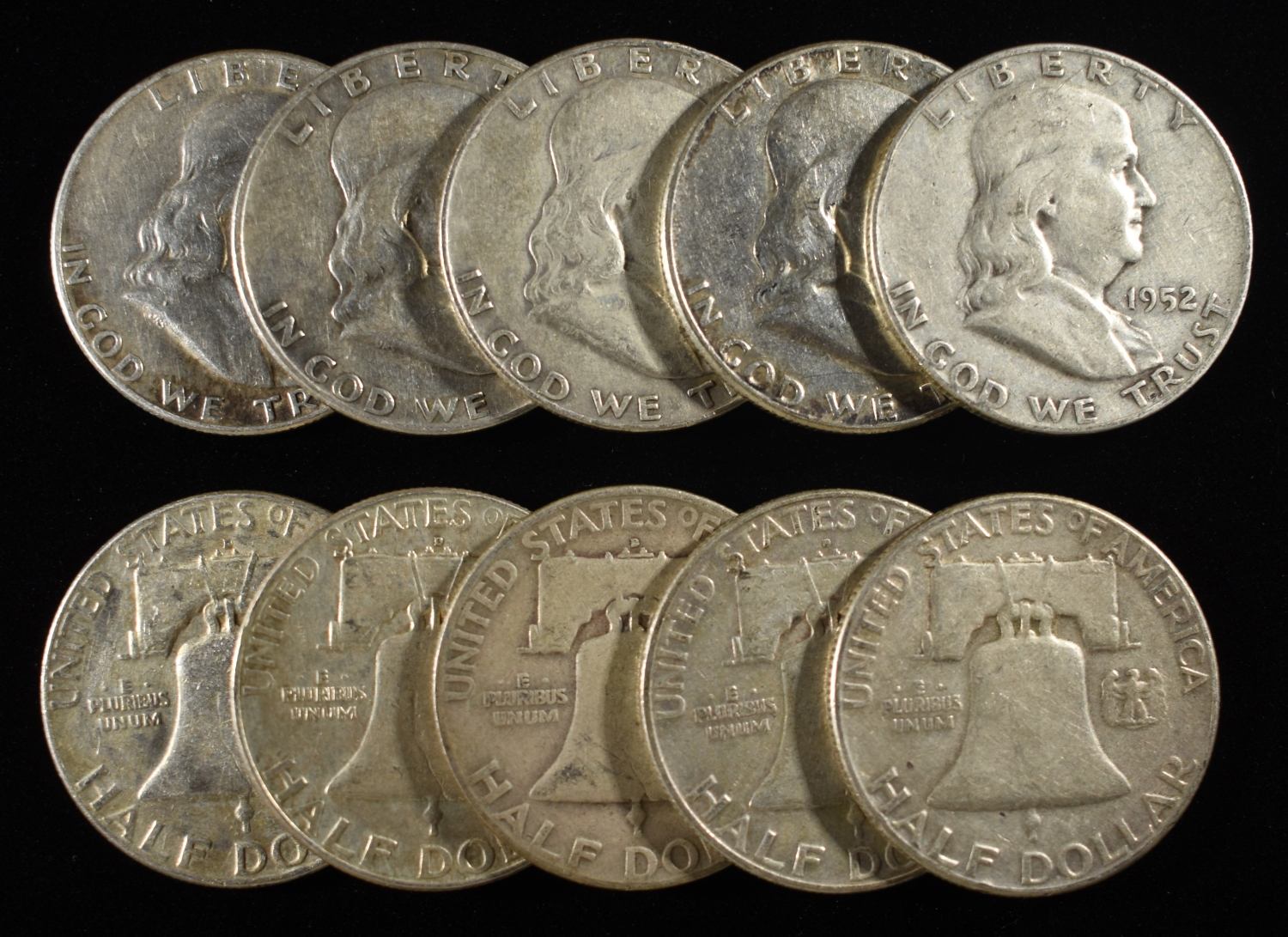 (10) 90% SILVER FRANKLIN HALF DOLLARS