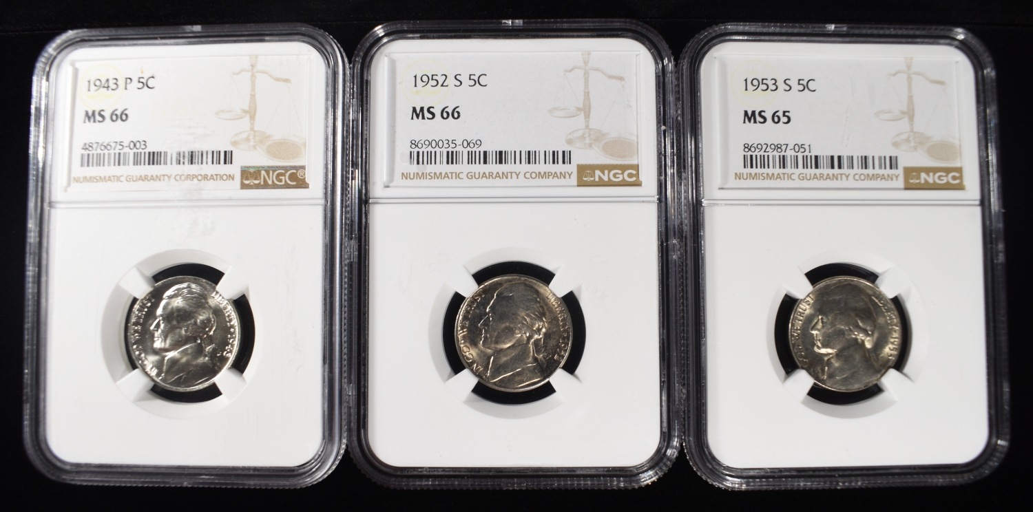 1943-P, 1952-S & 1953-S JEFFERSON 5C NGC MS65-66
