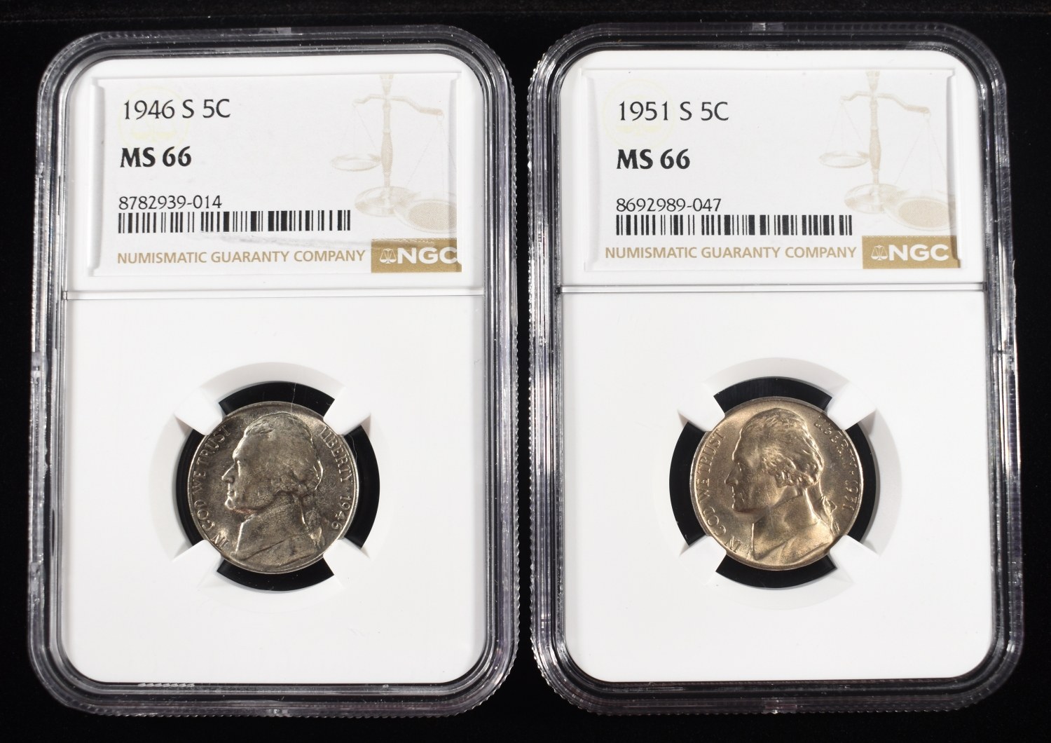 1946-S & 1951-S JEFFERSON NICKELS NGC MS66