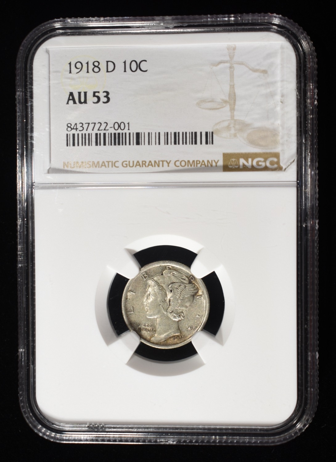 1918-D MERCURY DIME NGC AU53