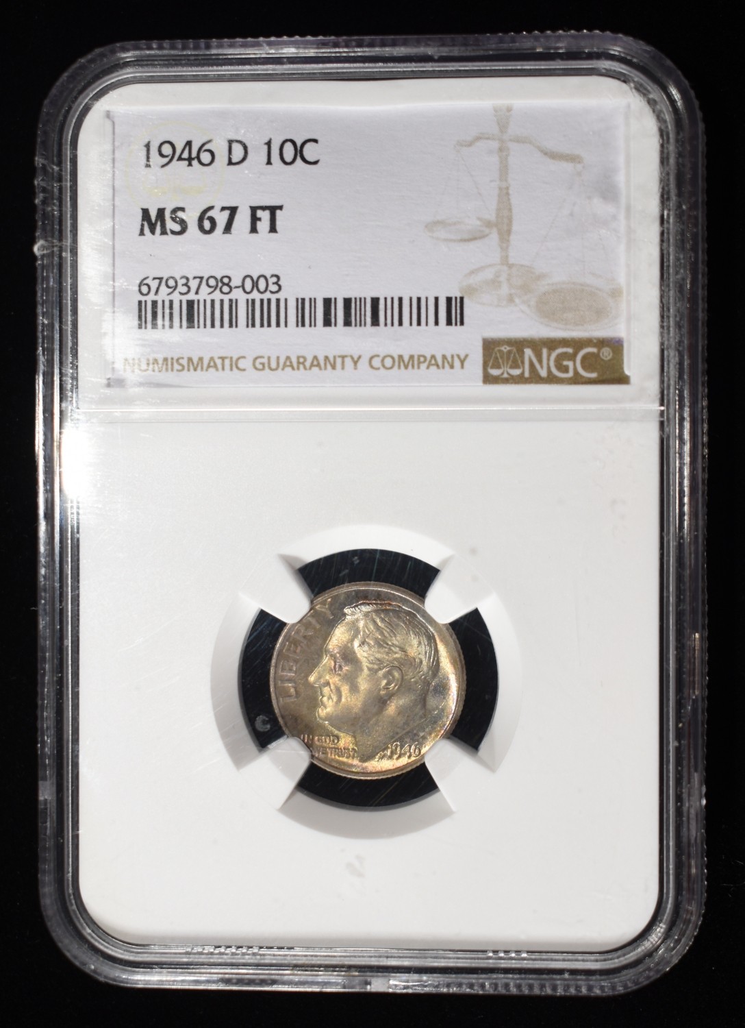 1946-D ROOSEVELT DIME NGC MS67 FT