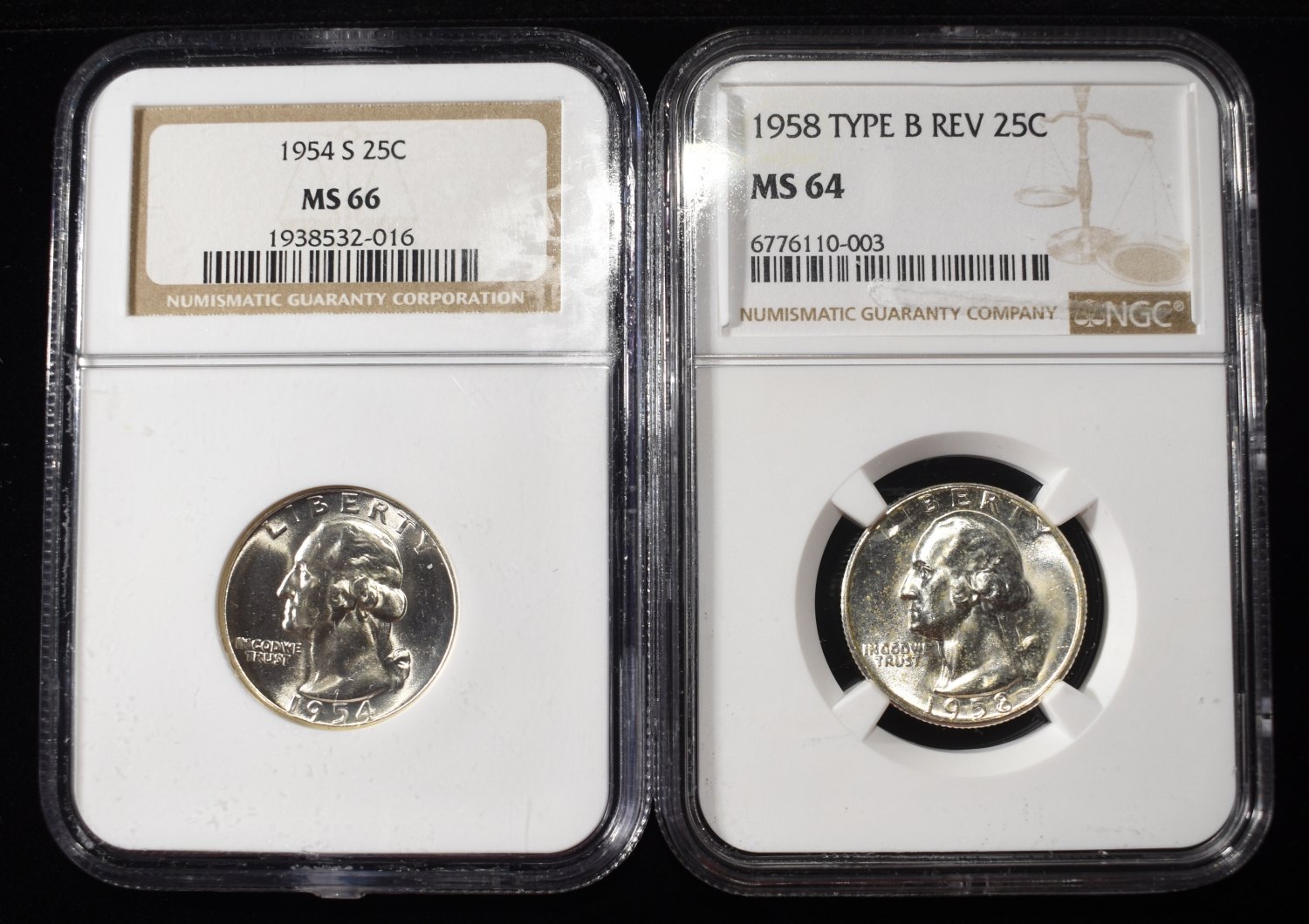 1954-S & 1958 TYPE B REV WASHINGTON 25C NGC 64-66