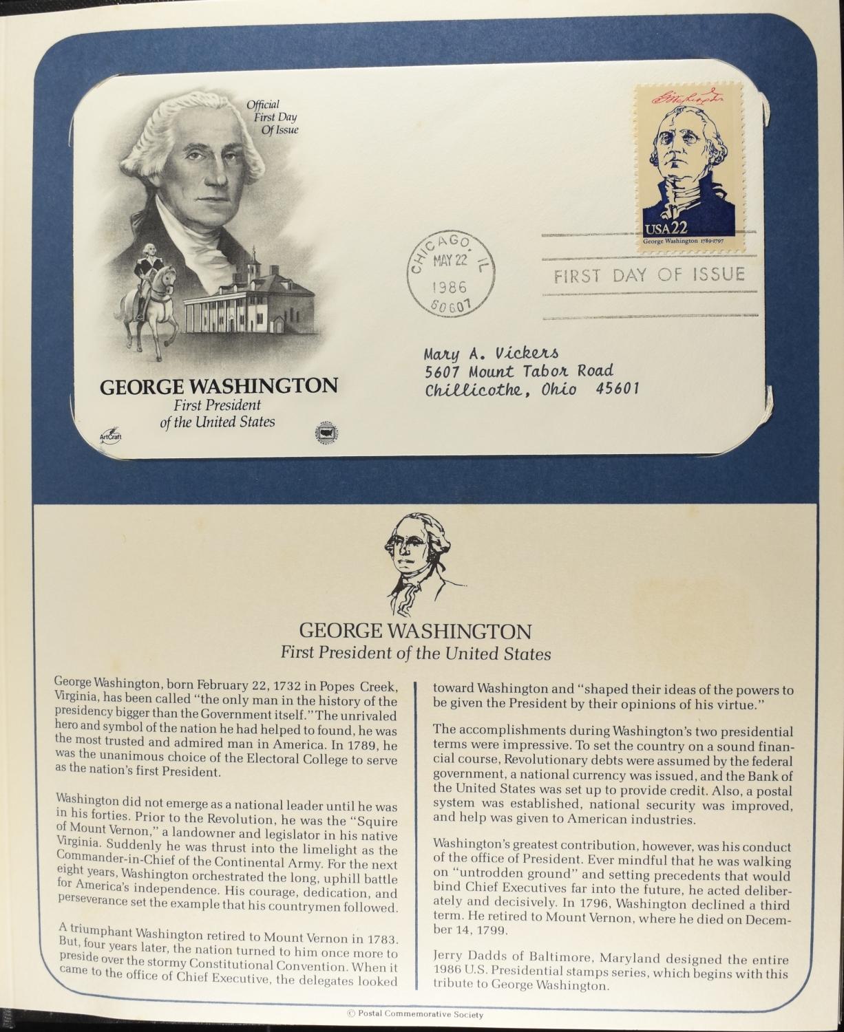 1986 U.S. PRESIDENTS FIRST DAY COVERS POSTAL