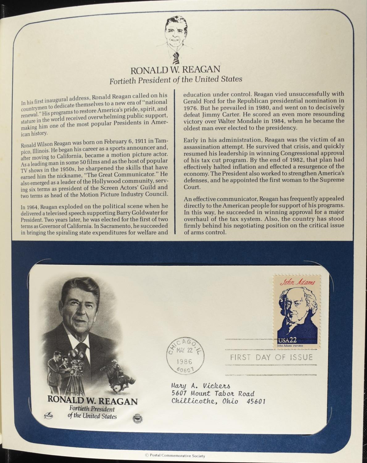 1986 U.S. PRESIDENTS FIRST DAY COVERS POSTAL