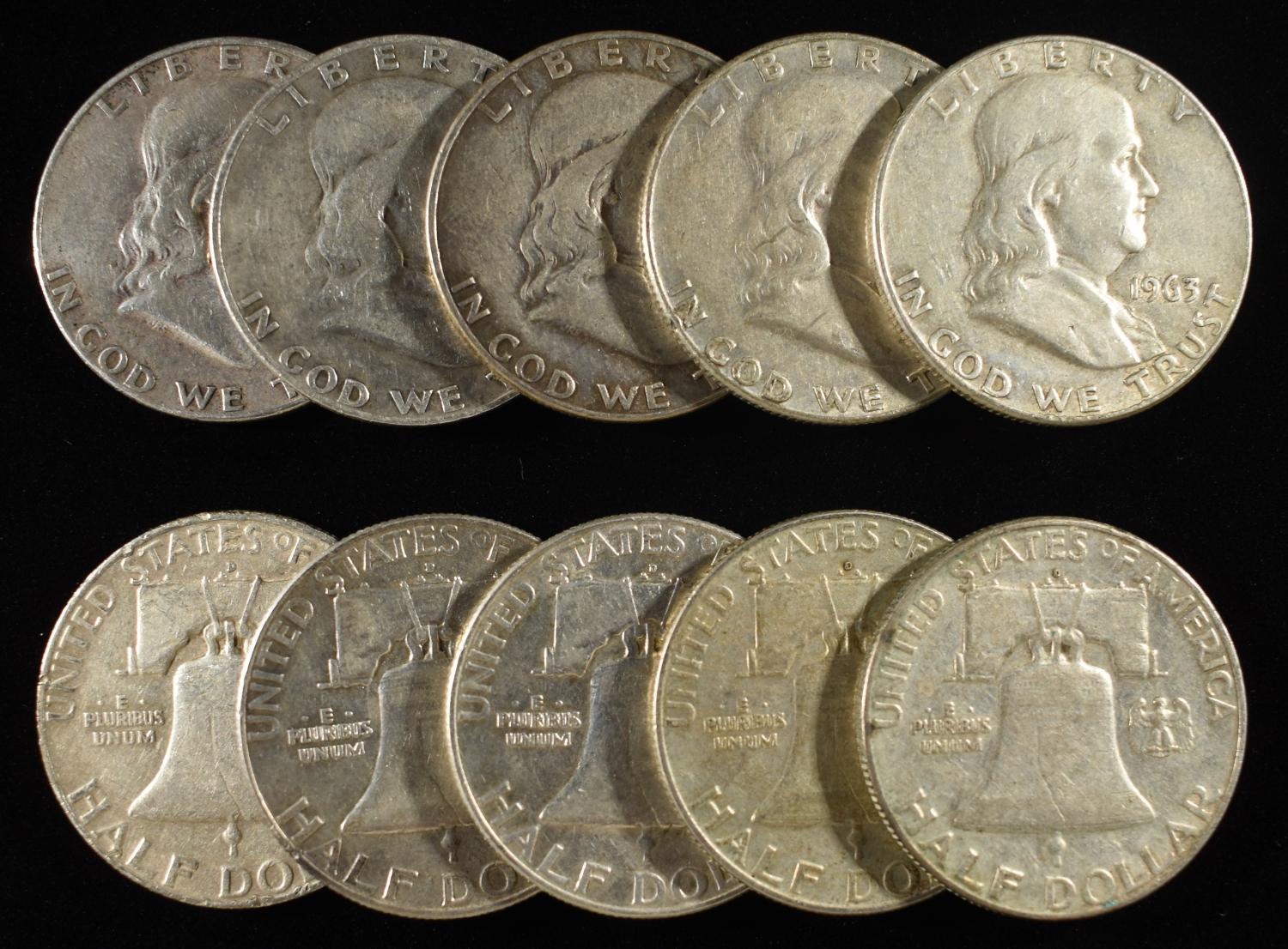 (10) FRANKLIN HALF DOLLARS 90% SILVER