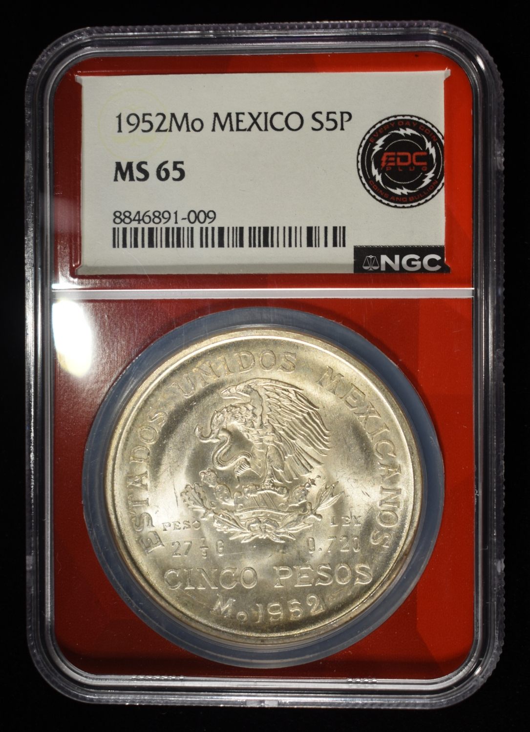 1952 5 PESOS MEXICO 72% SILVER NGC ME65