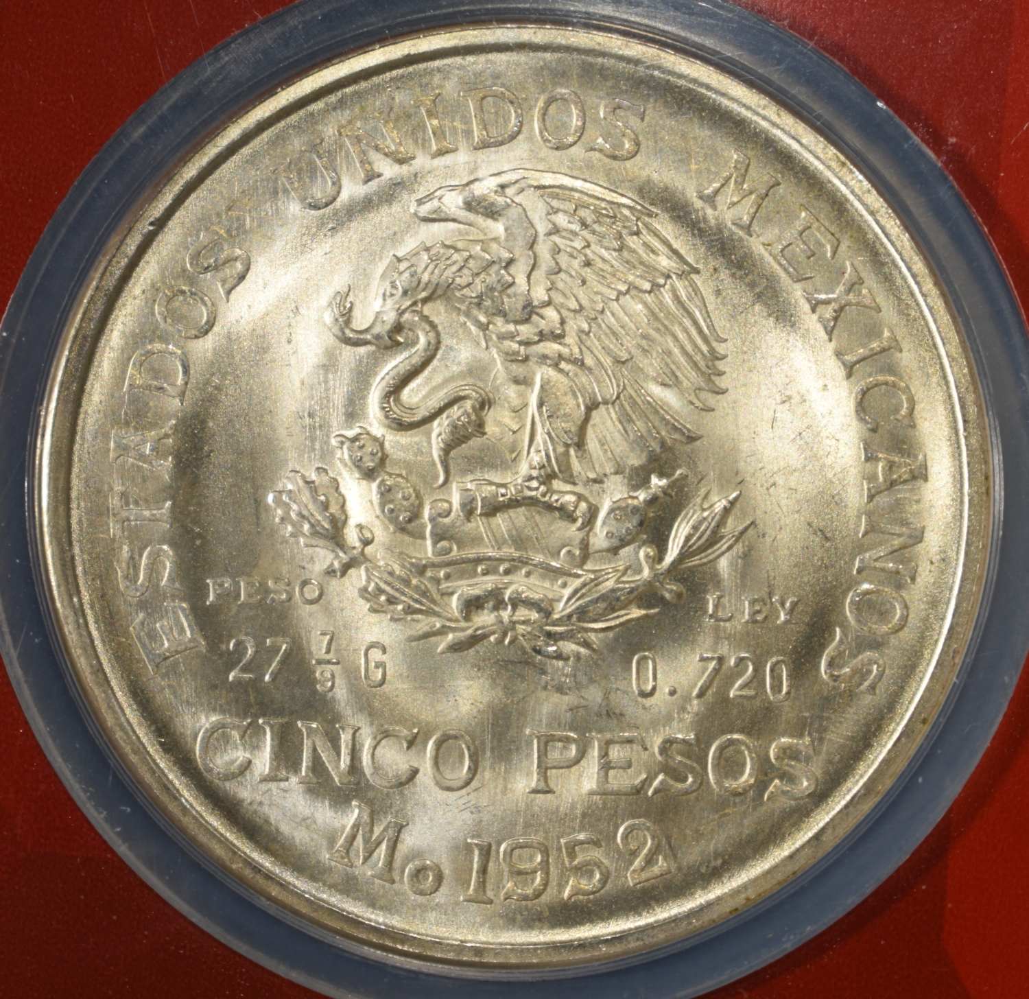 1952 5 PESOS MEXICO 72% SILVER NGC ME65