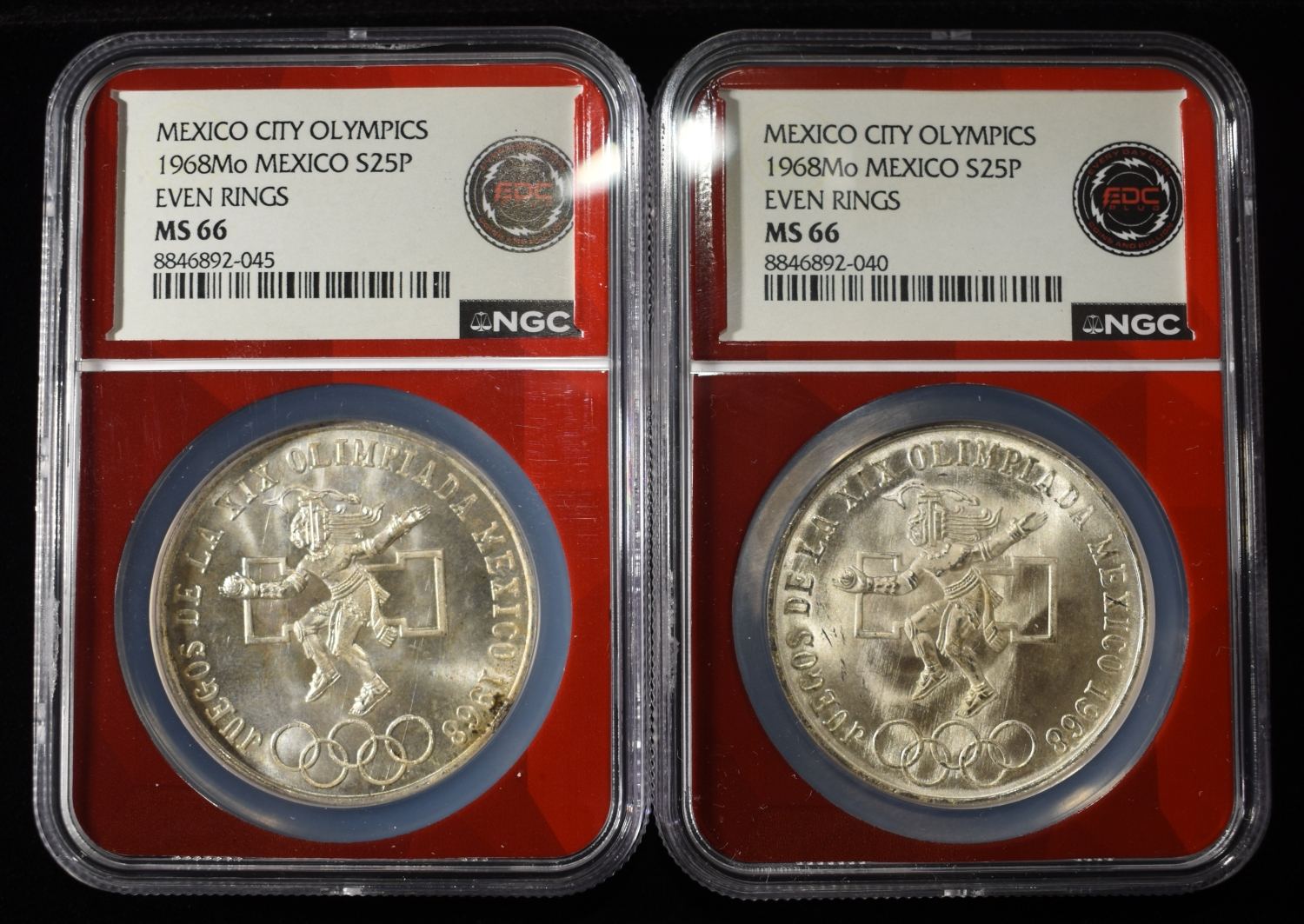 (2) 1968 25 PESOS MEXICO 72% SILVER NGC MS66